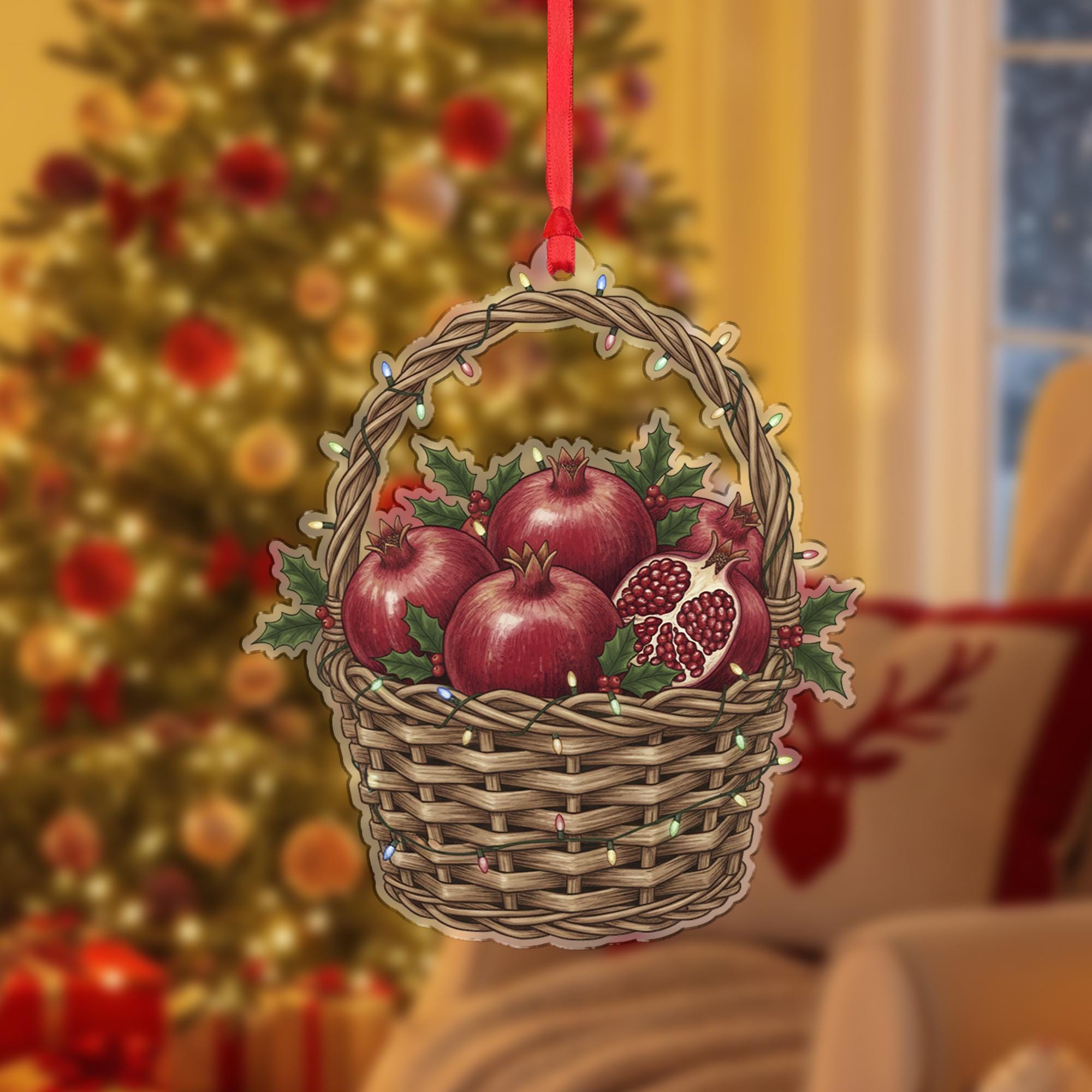 Pomegranate Ornament – Basket Design with Holiday Lights and Fruit Illustration