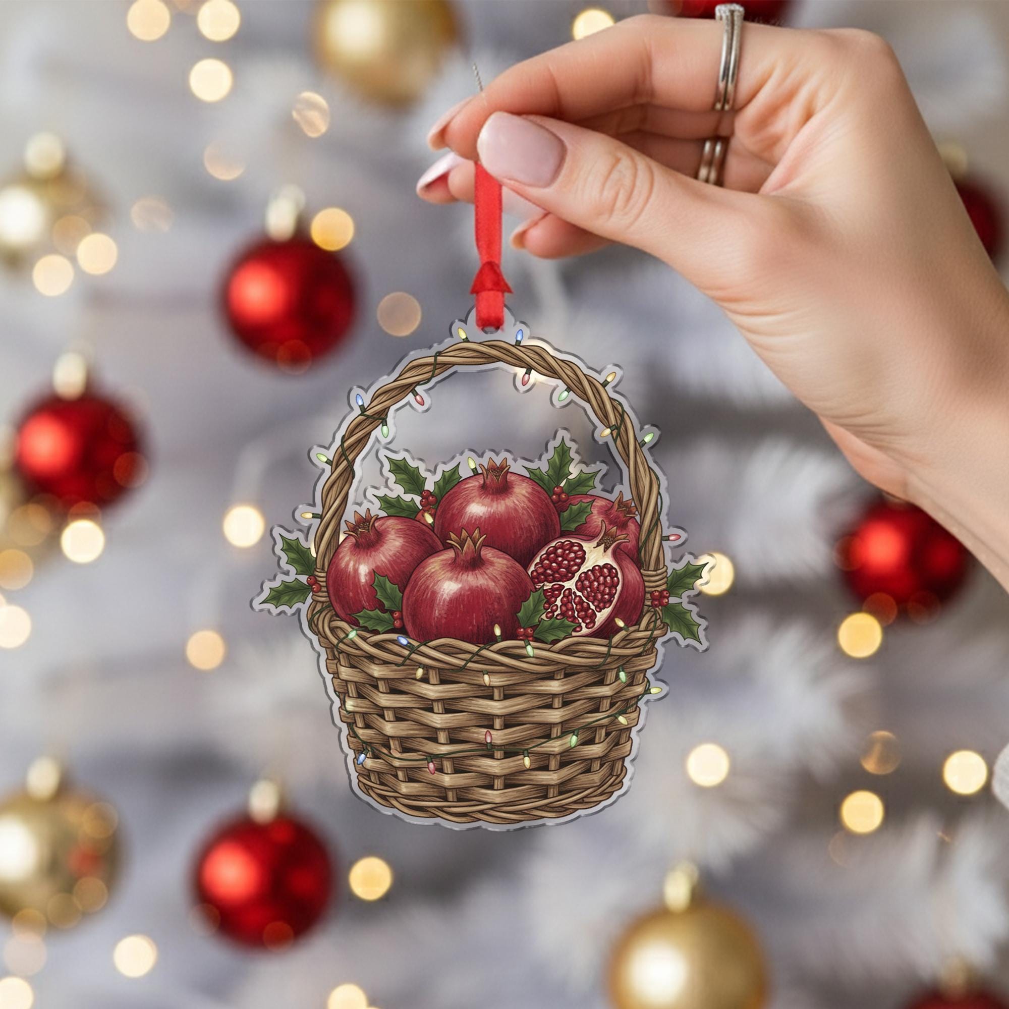 Pomegranate Ornament – Basket Design with Holiday Lights and Fruit Illustration