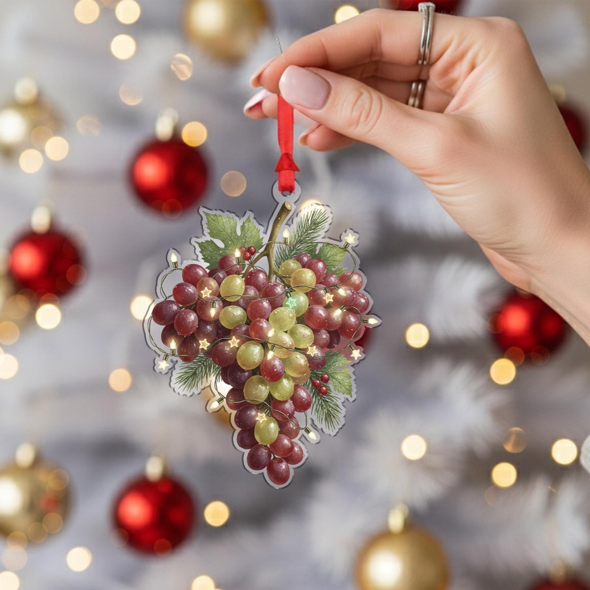 Grape Ornament – Red and Green Cluster with Holiday Lights and Leaf Design