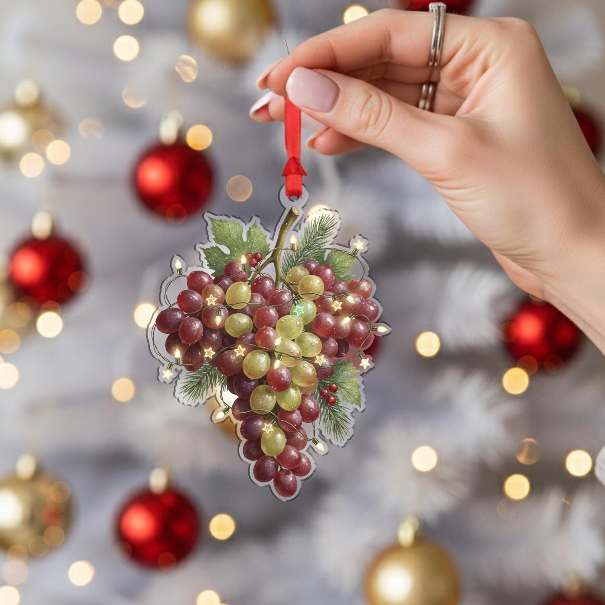 Grape Ornament – Red and Green Cluster with Holiday Lights and Leaf Design