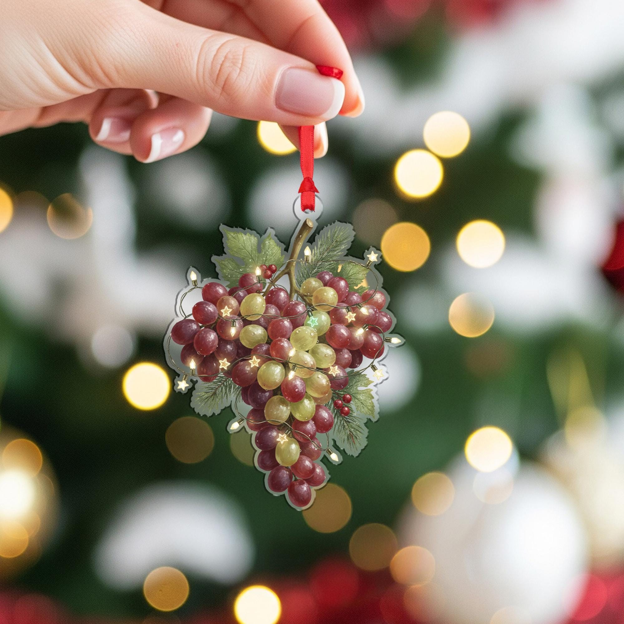 Grape Ornament – Red and Green Cluster with Holiday Lights and Leaf Design