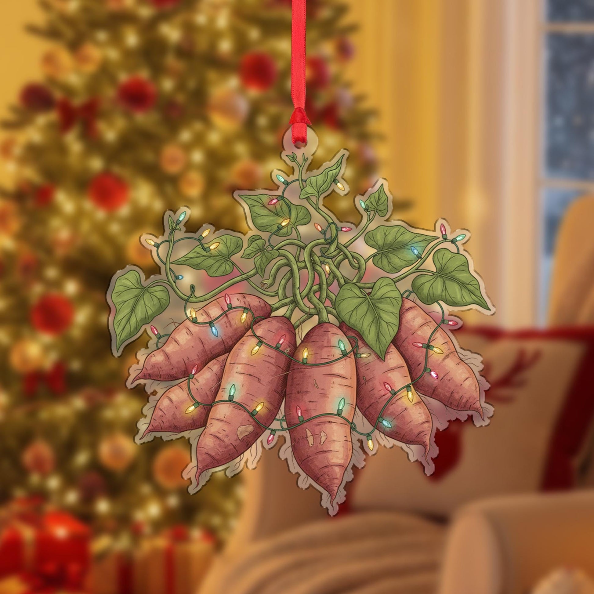 Sweet Potato Ornament – Holiday Root Vegetable Design with Green Leaves and String Lights