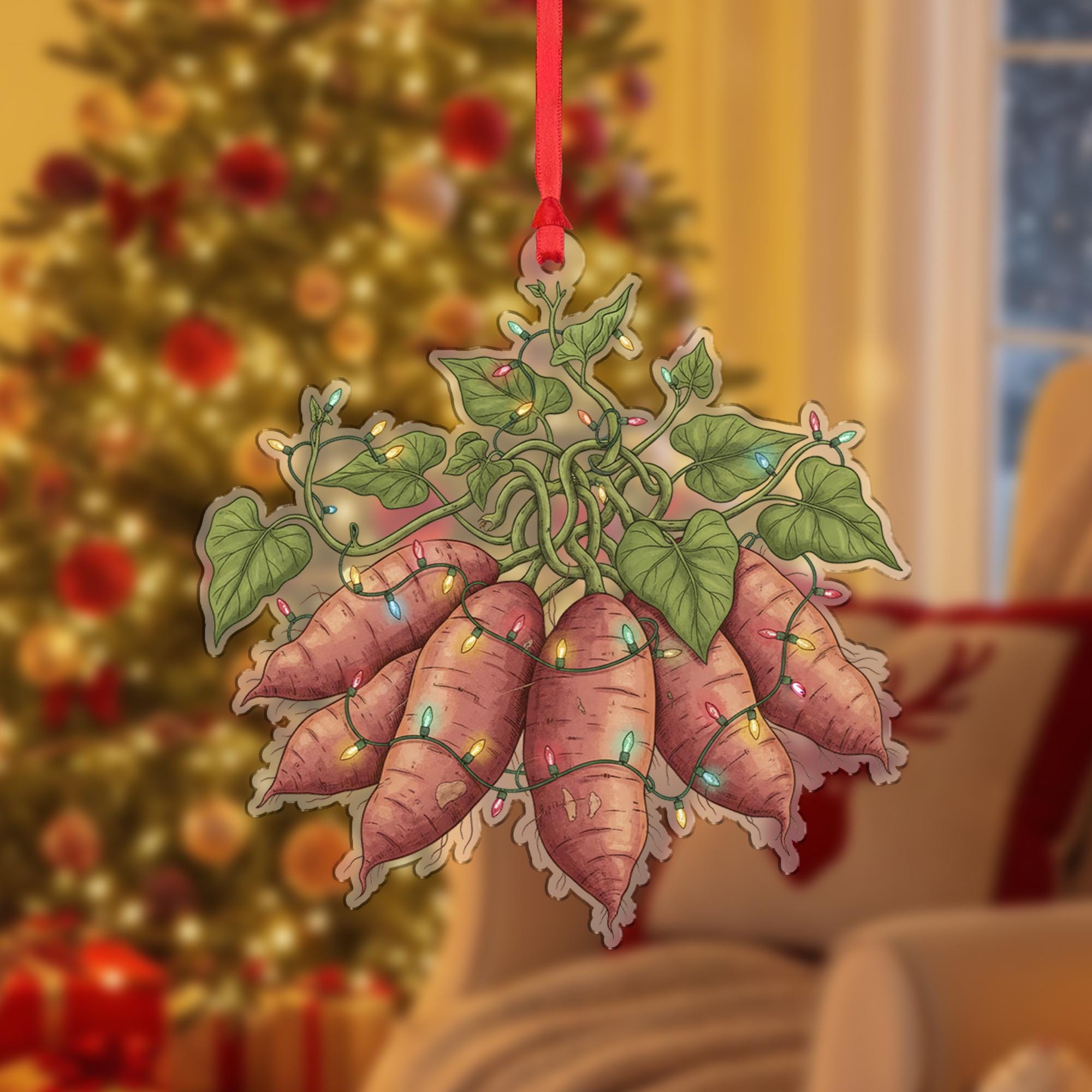 Sweet Potato Ornament – Holiday Root Vegetable Design with Green Leaves and String Lights