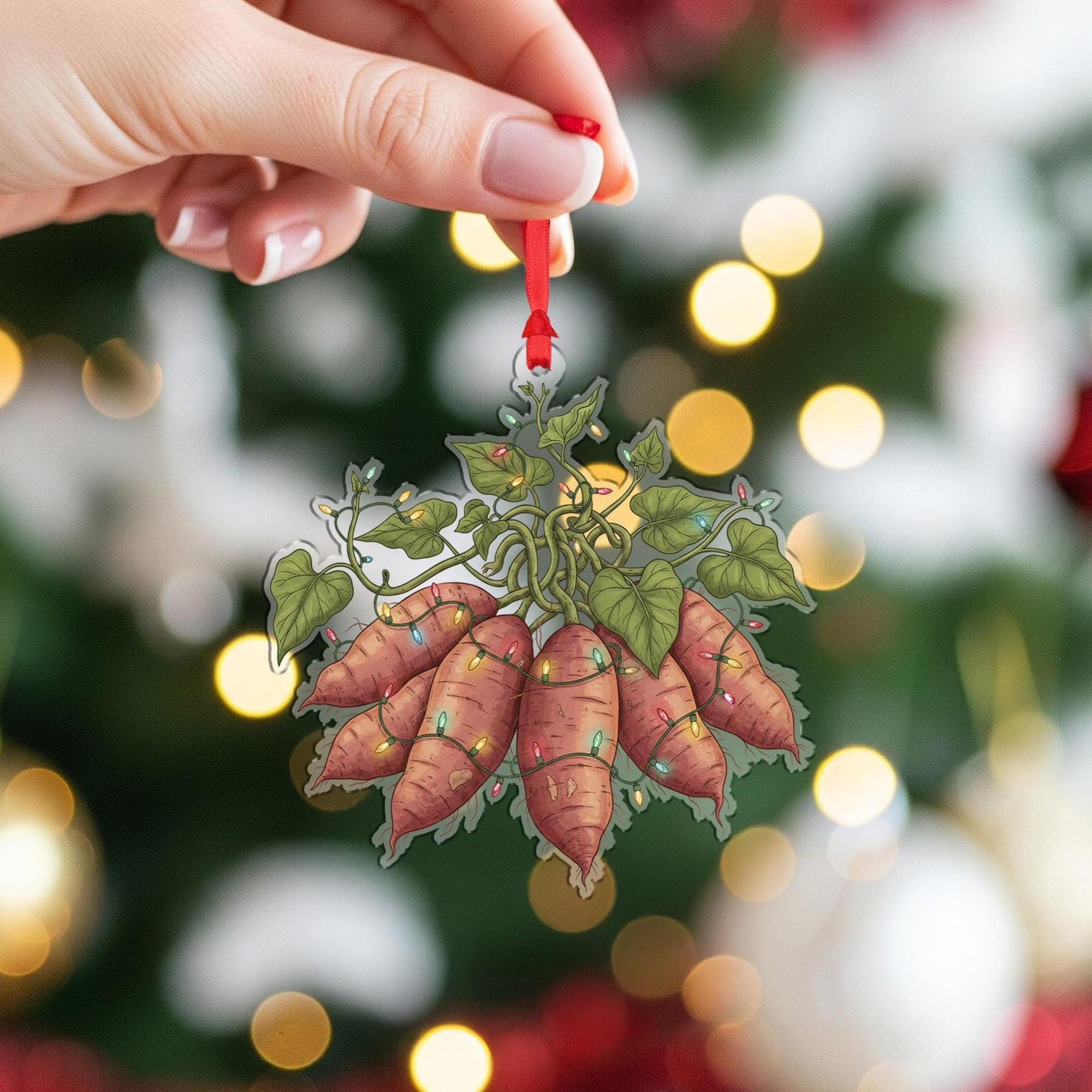 Sweet Potato Ornament – Holiday Root Vegetable Design with Green Leaves and String Lights
