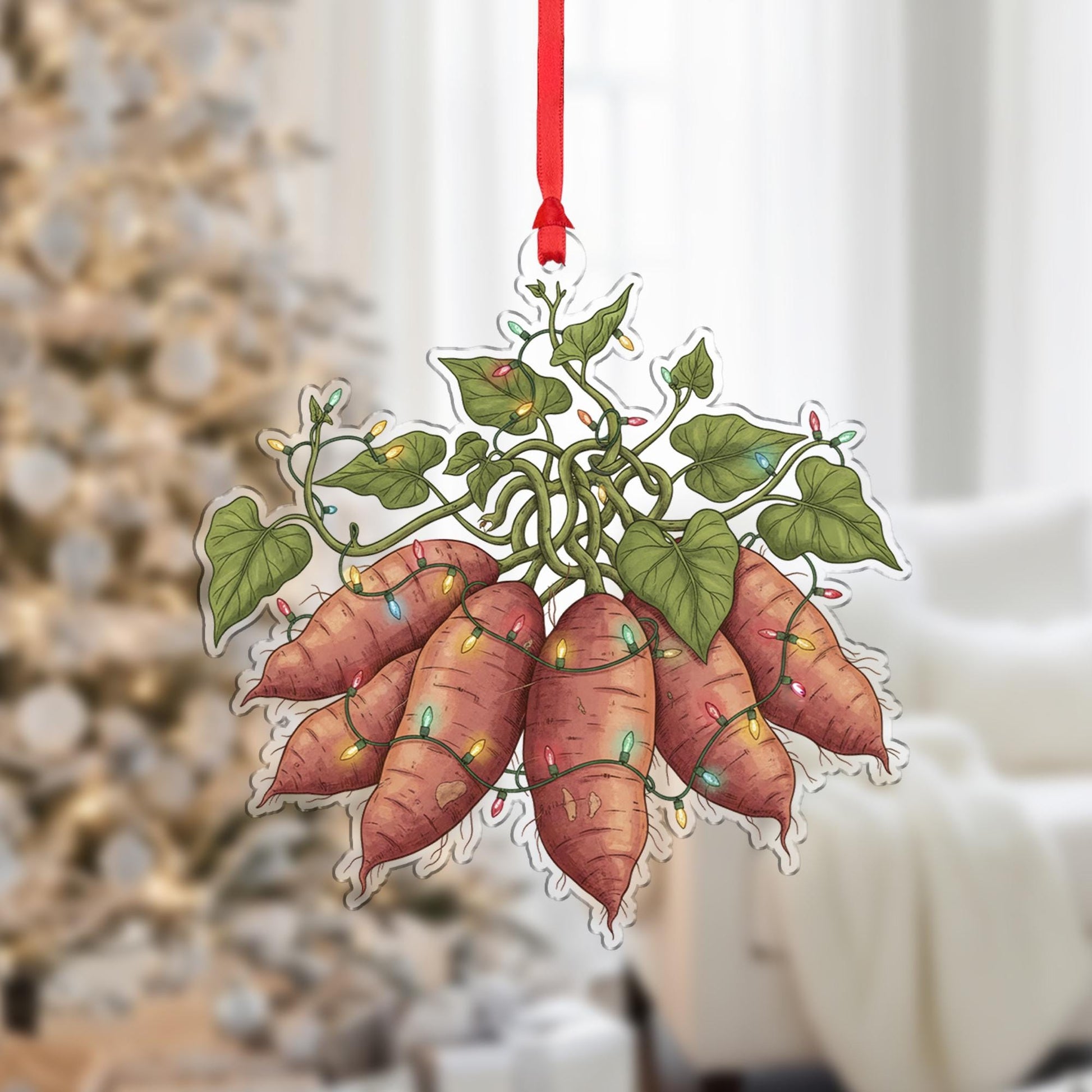Sweet Potato Ornament – Holiday Root Vegetable Design with Green Leaves and String Lights