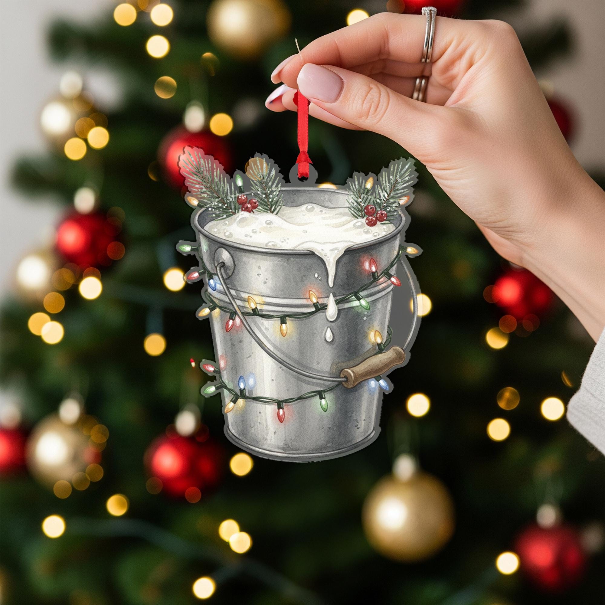 Metal Bucket Ornament – Holiday Pail Design with Foam, Pine Branches, and String Lights