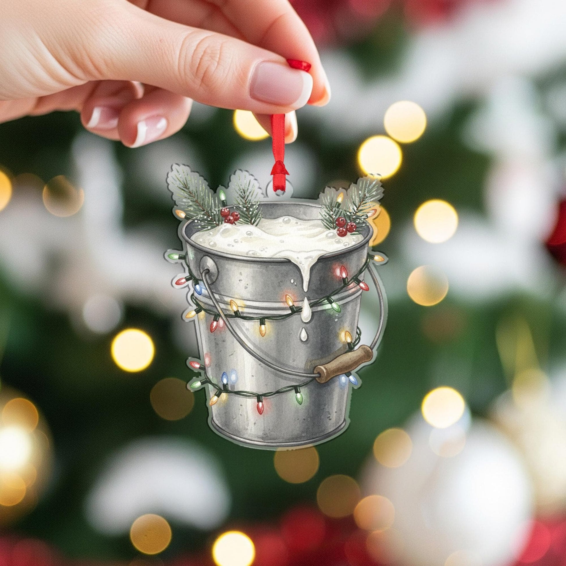 Metal Bucket Ornament – Holiday Pail Design with Foam, Pine Branches, and String Lights