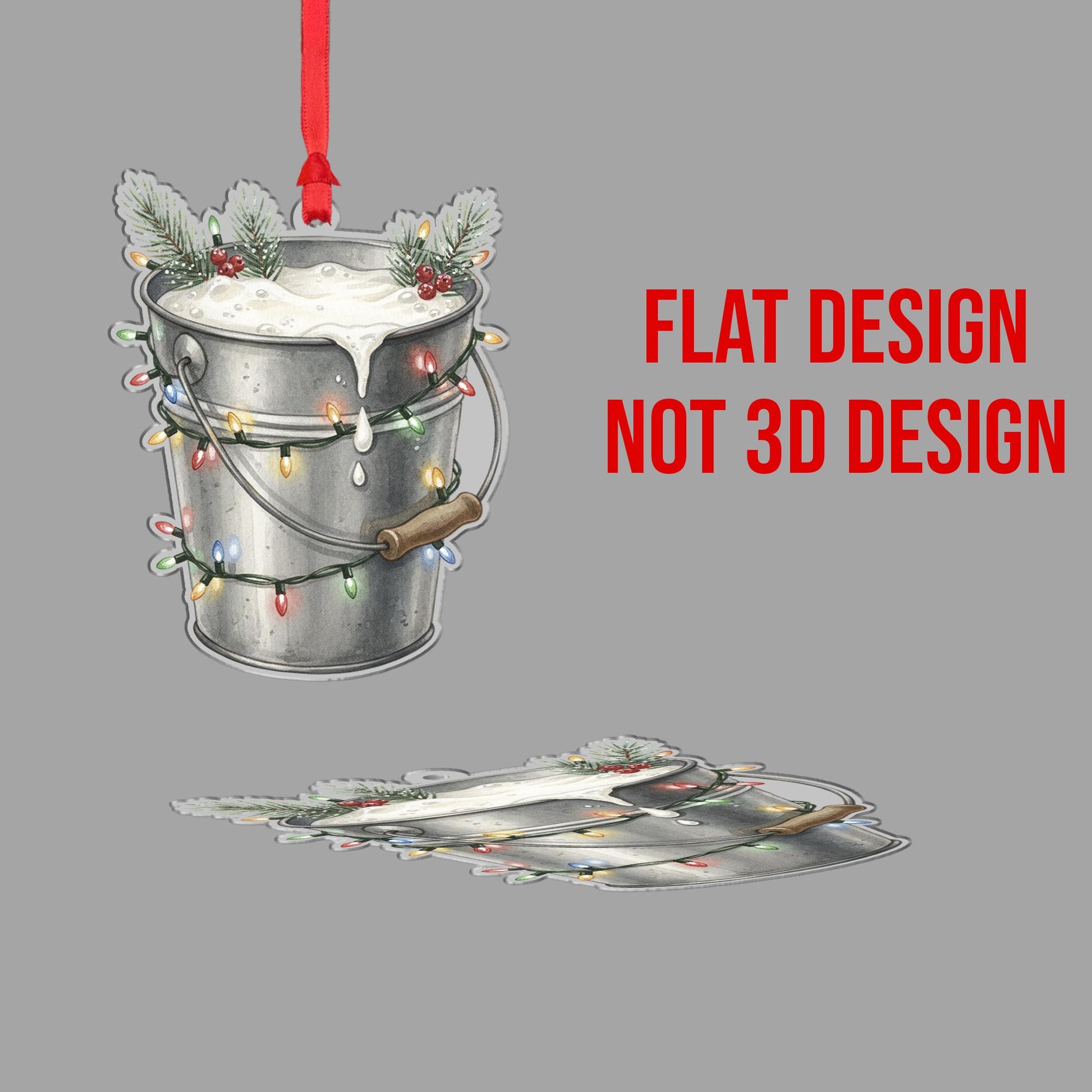 Metal Bucket Ornament – Holiday Pail Design with Foam, Pine Branches, and String Lights