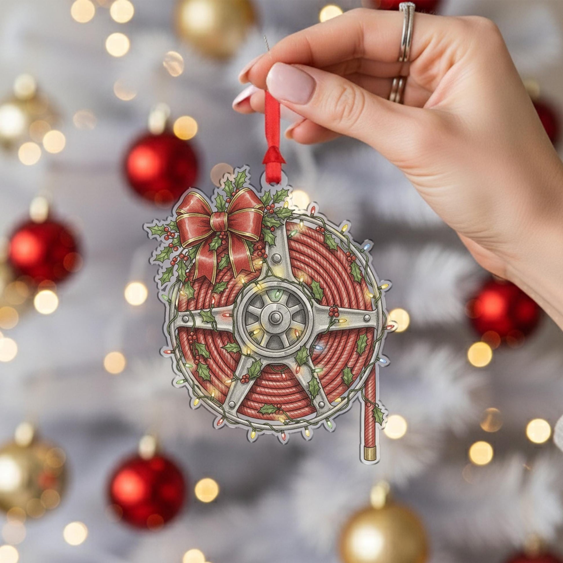 Fire Hose Ornament – Holiday Reel Design with Red Rope, Bow, Holly, and String Lights