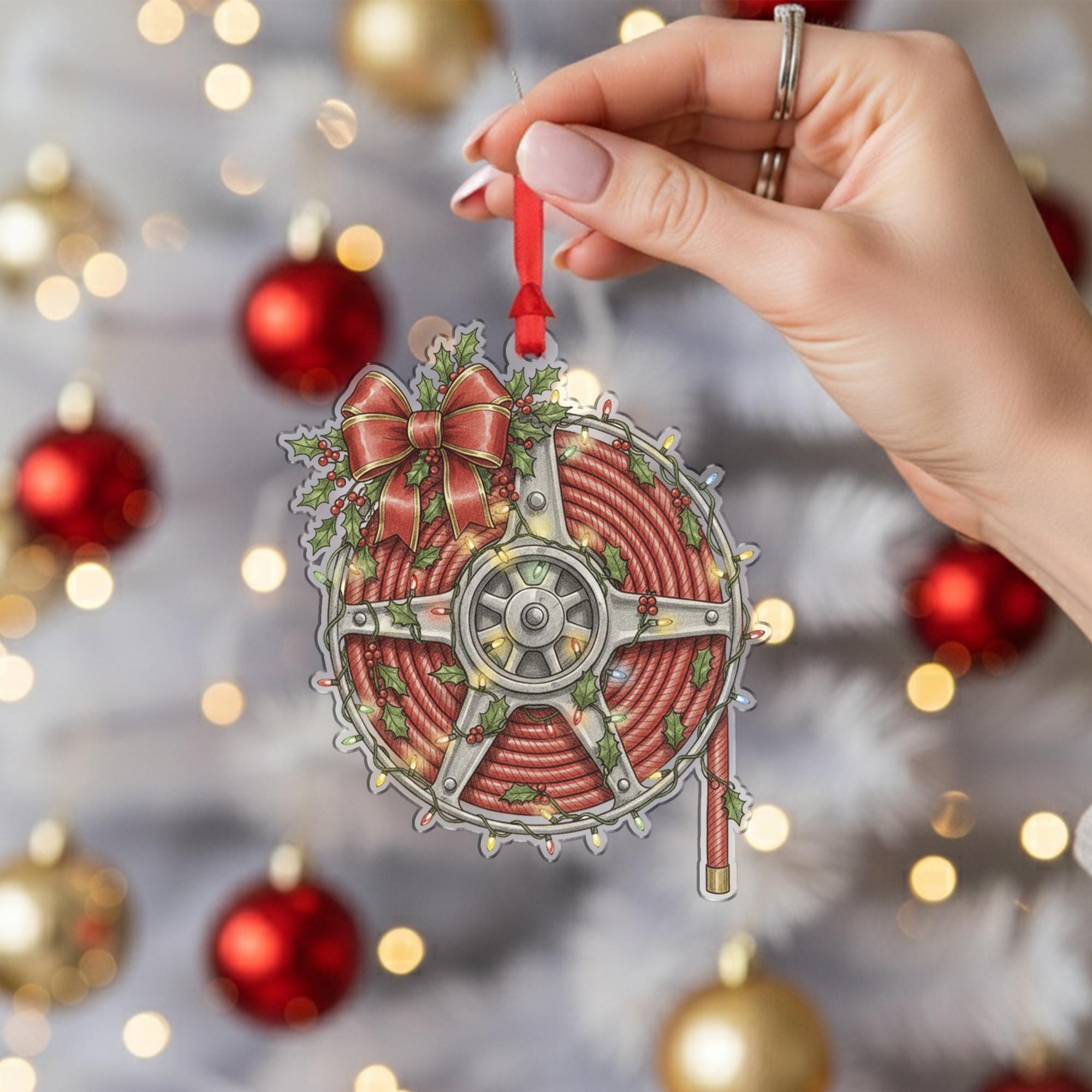 Fire Hose Ornament – Holiday Reel Design with Red Rope, Bow, Holly, and String Lights
