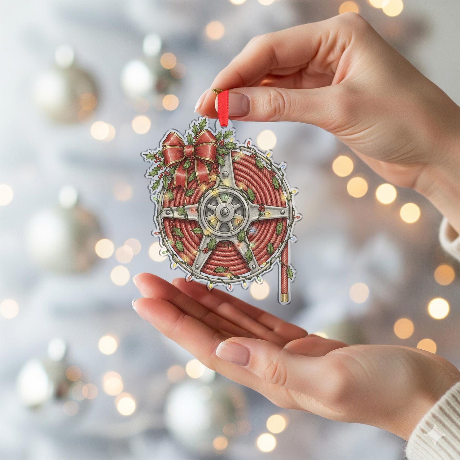 Fire Hose Ornament – Holiday Reel Design with Red Rope, Bow, Holly, and String Lights