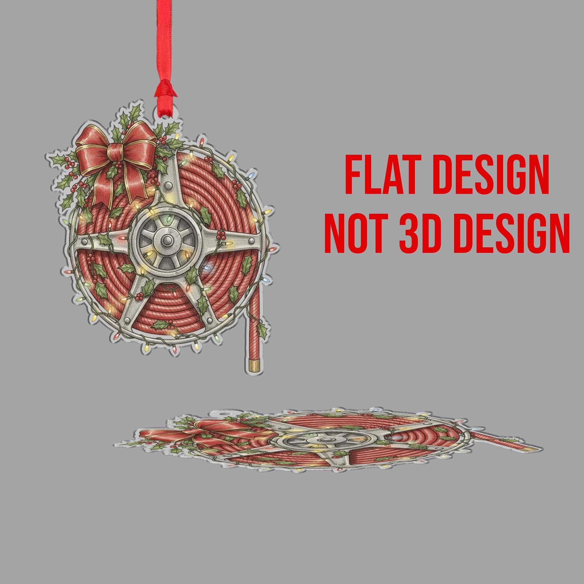 Fire Hose Ornament – Holiday Reel Design with Red Rope, Bow, Holly, and String Lights