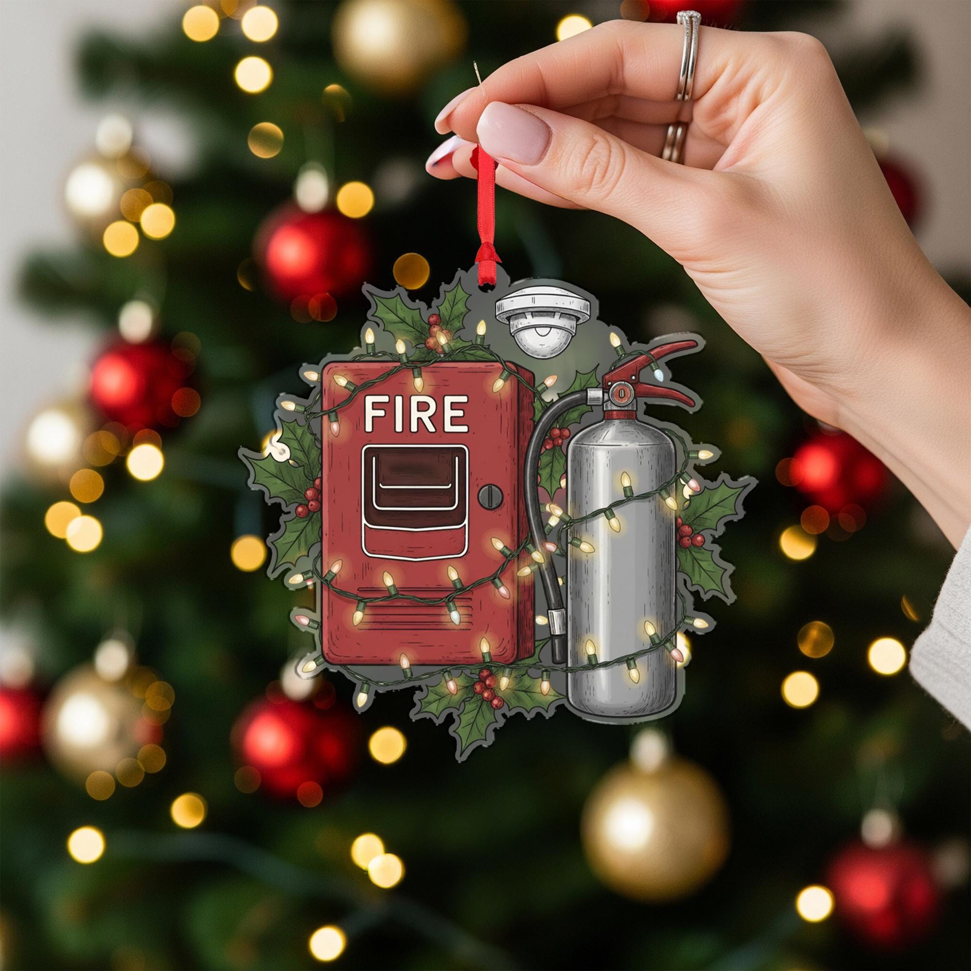 Fire Safety Ornament – Holiday Design with Fire Extinguisher, Alarm Box, and String Lights