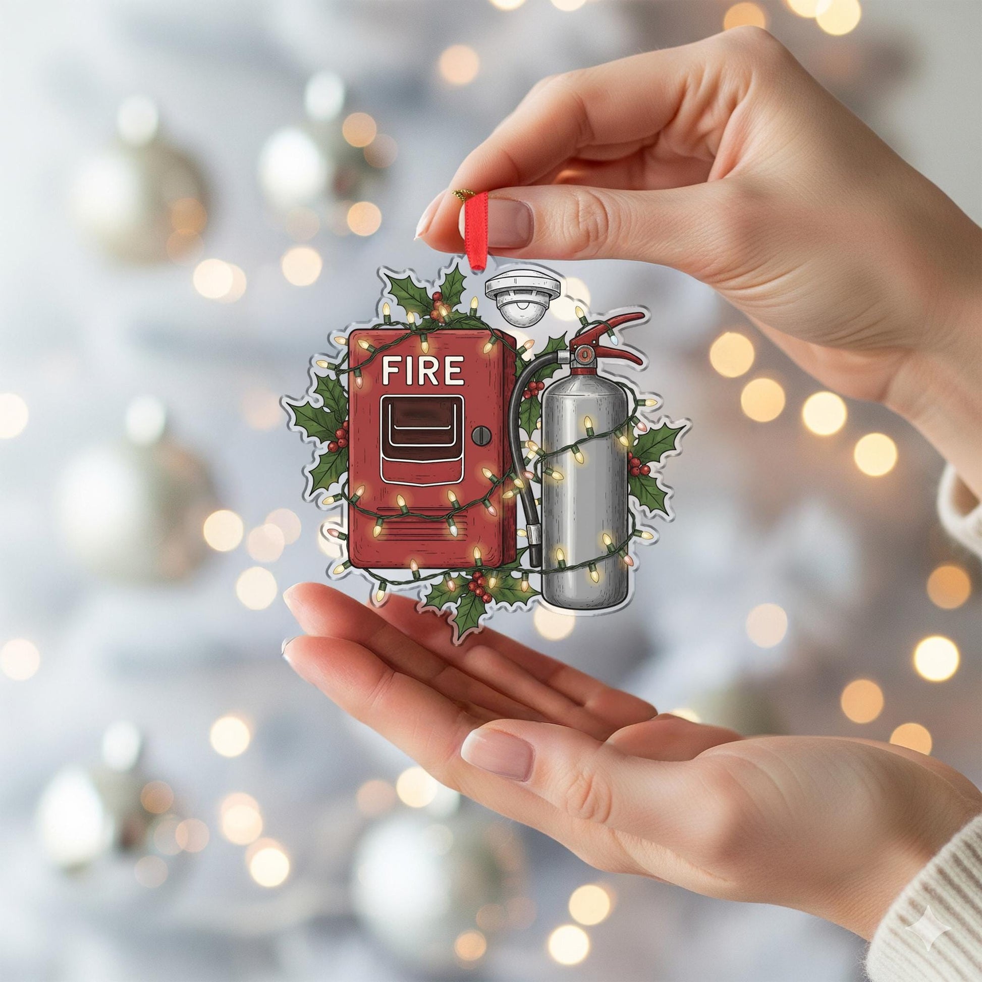 Fire Safety Ornament – Holiday Design with Fire Extinguisher, Alarm Box, and String Lights