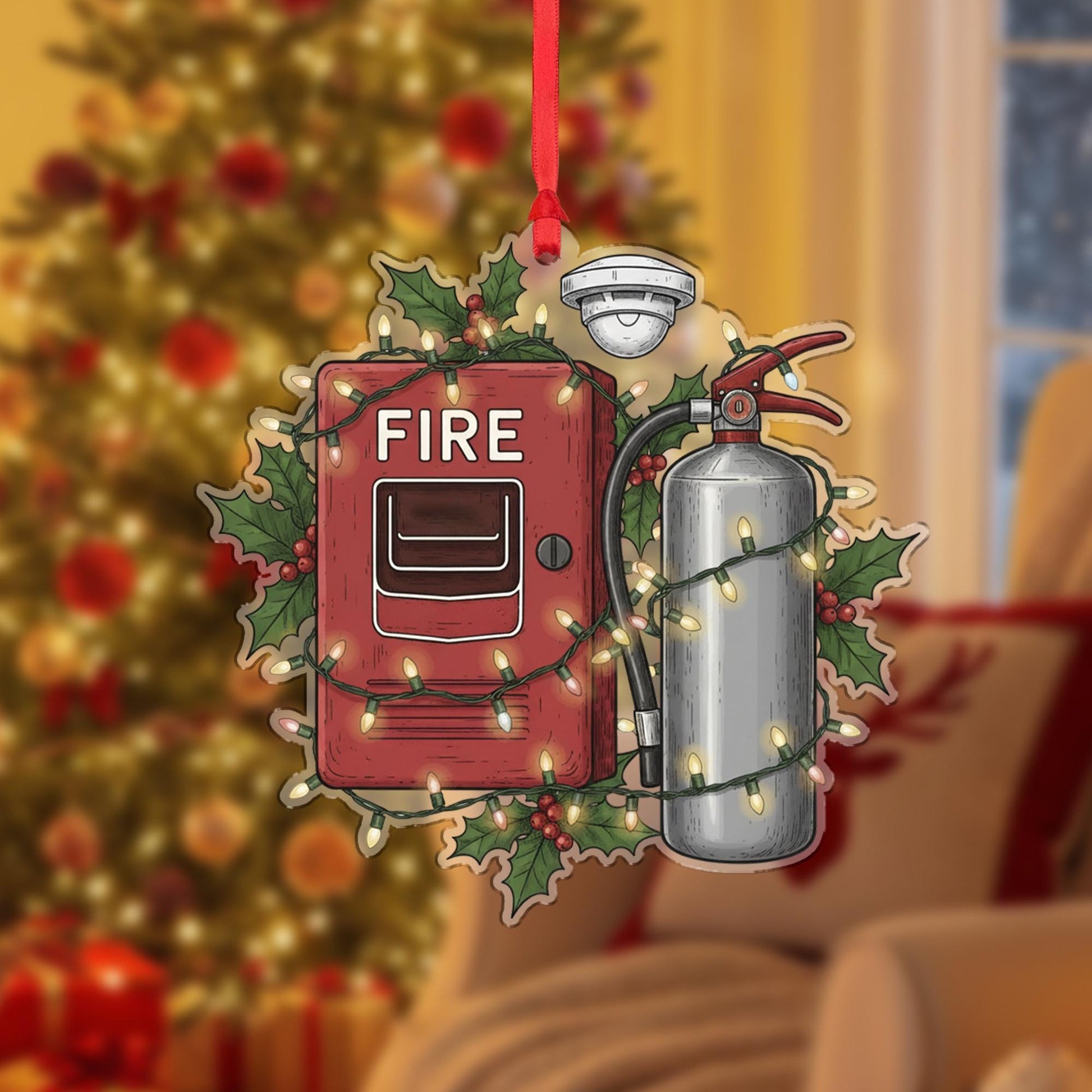Fire Safety Ornament – Holiday Design with Fire Extinguisher, Alarm Box, and String Lights