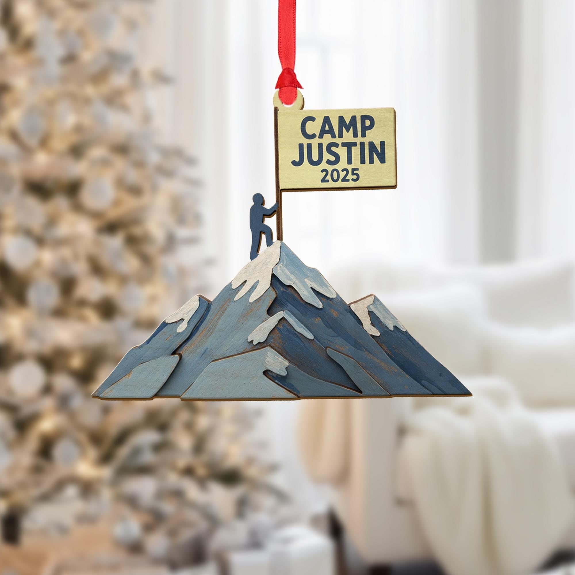Personalized Mountain Ornament – Wood Climber Design with Flag, Snow Peaks, and Custom Name