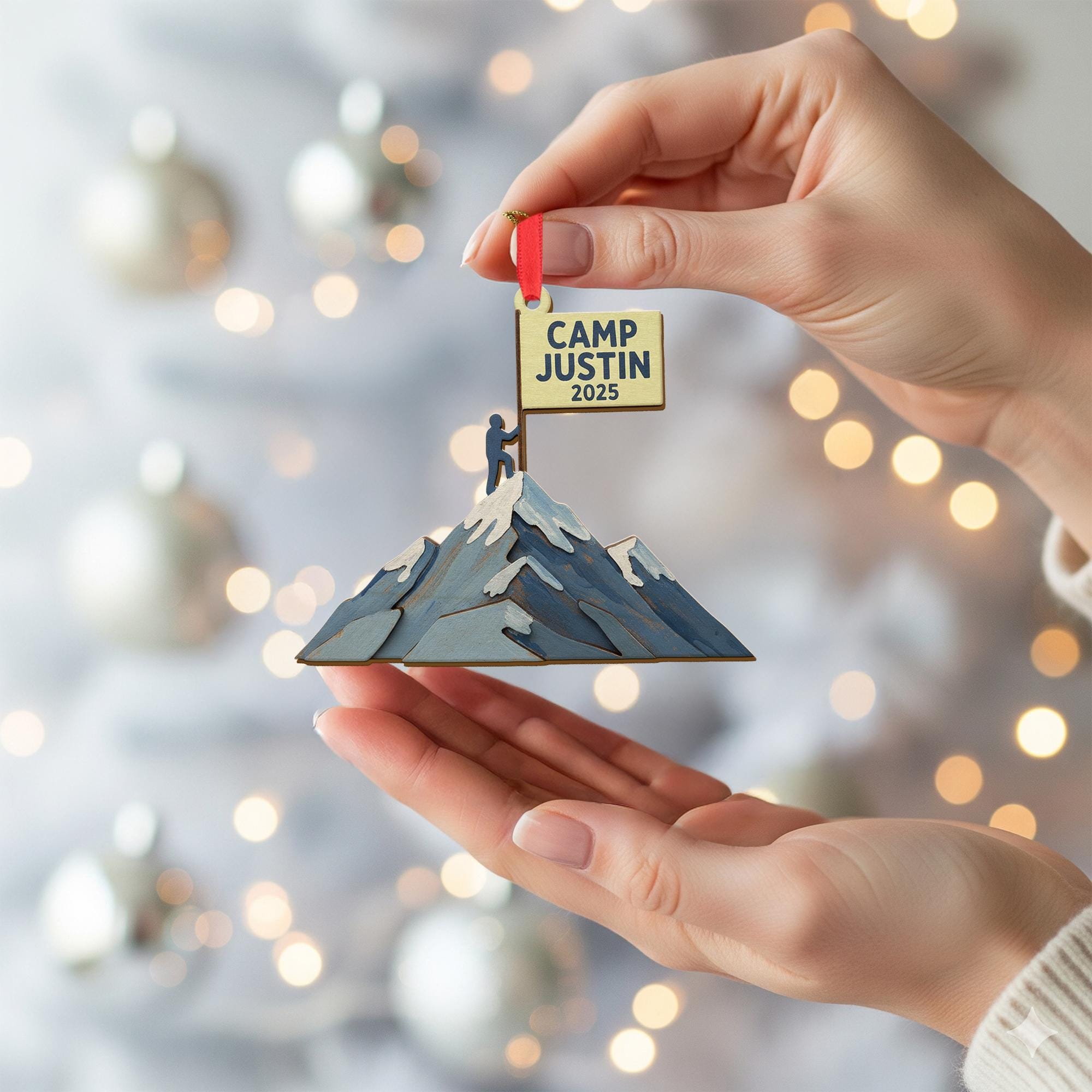 Personalized Mountain Ornament – Wood Climber Design with Flag, Snow Peaks, and Custom Name