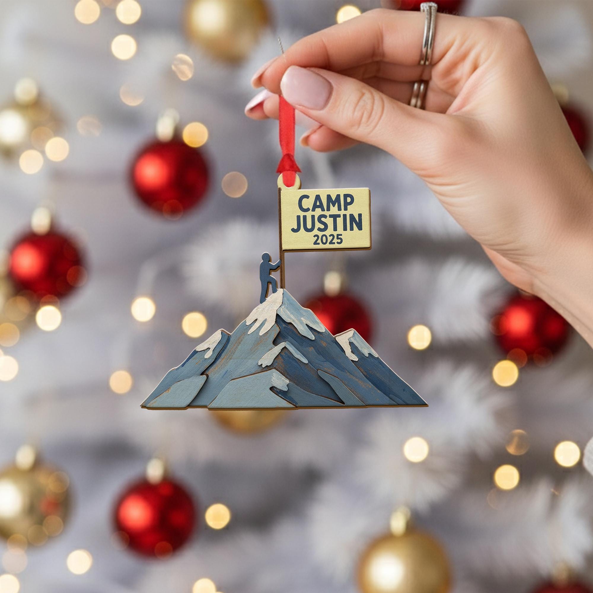 Personalized Mountain Ornament – Wood Climber Design with Flag, Snow Peaks, and Custom Name