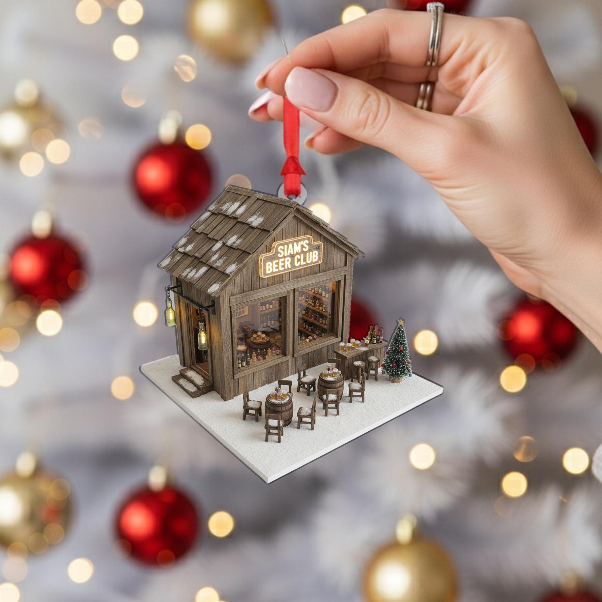 Beer Pub Ornament – Miniature Wooden Bar House with Tables, Bottles, and Holiday Tree