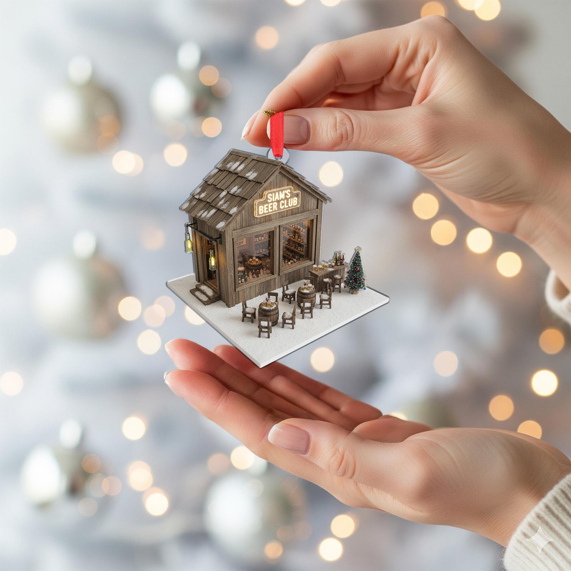 Beer Pub Ornament – Miniature Wooden Bar House with Tables, Bottles, and Holiday Tree