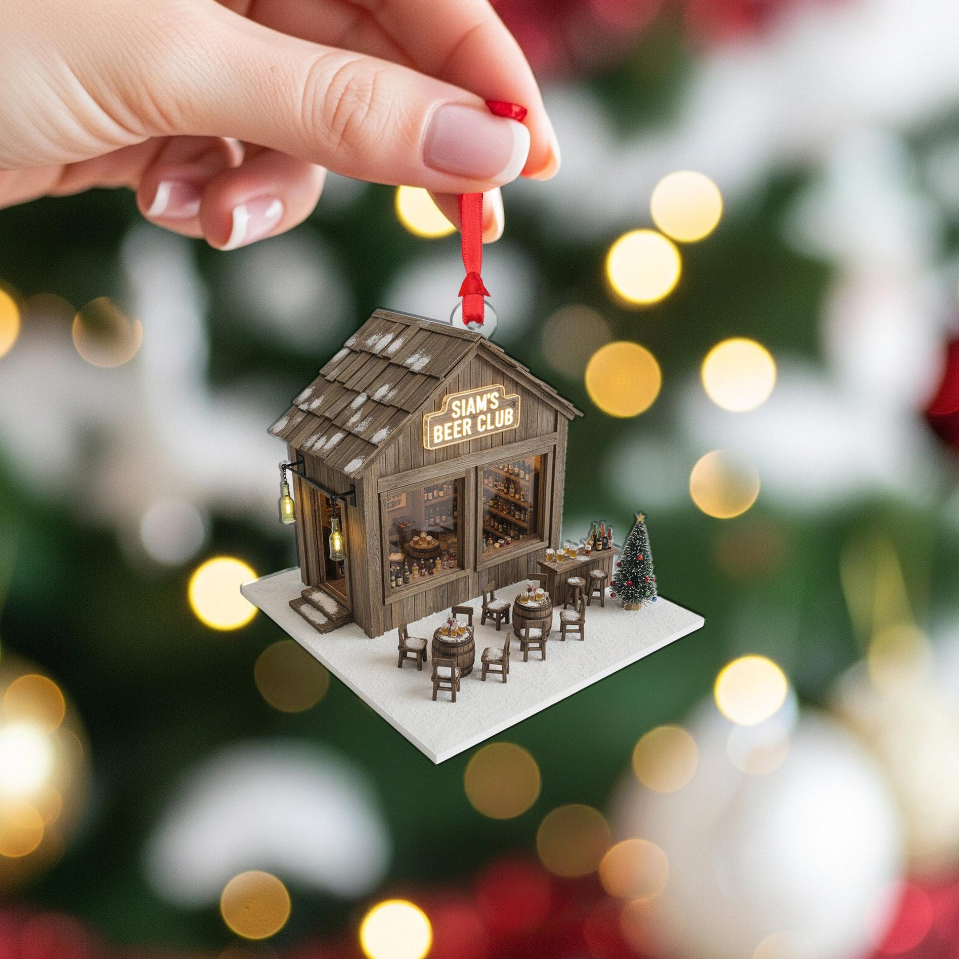 Beer Pub Ornament – Miniature Wooden Bar House with Tables, Bottles, and Holiday Tree