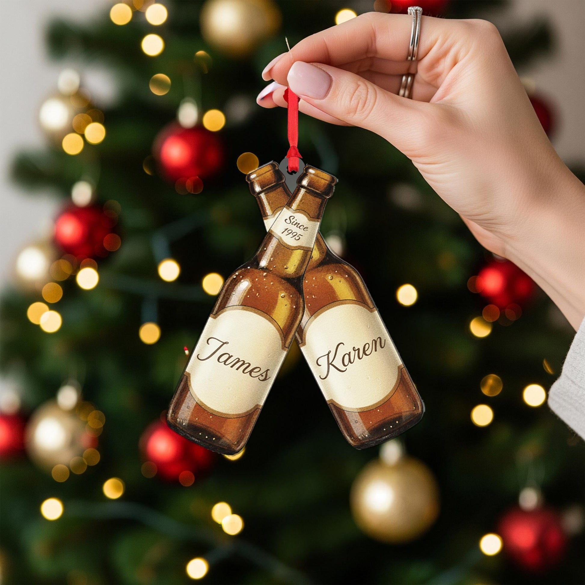 Personalized Beer Bottle Ornament – Custom Wood Design with Names, Year, and Holiday Detail