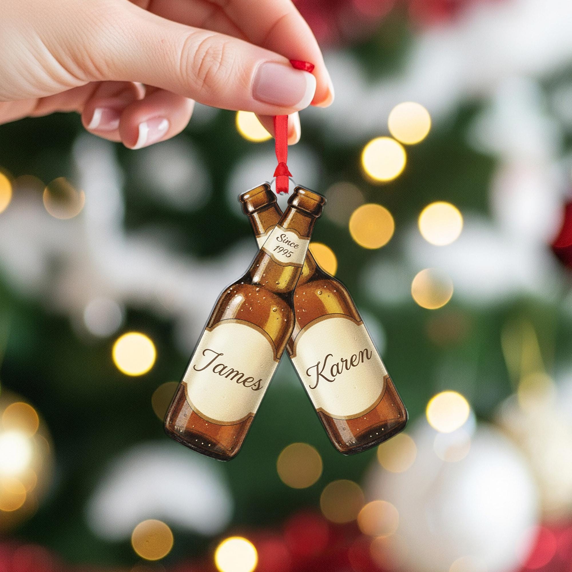 Personalized Beer Bottle Ornament – Custom Wood Design with Names, Year, and Holiday Detail