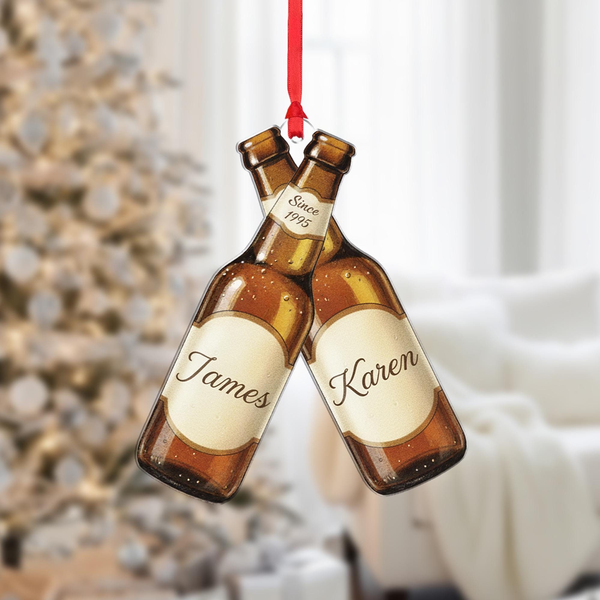 Personalized Beer Bottle Ornament – Custom Wood Design with Names, Year, and Holiday Detail