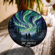 Personalized Glass Suncatcher – Northern Lights Design with Couple Silhouette, Trees, and Mountains