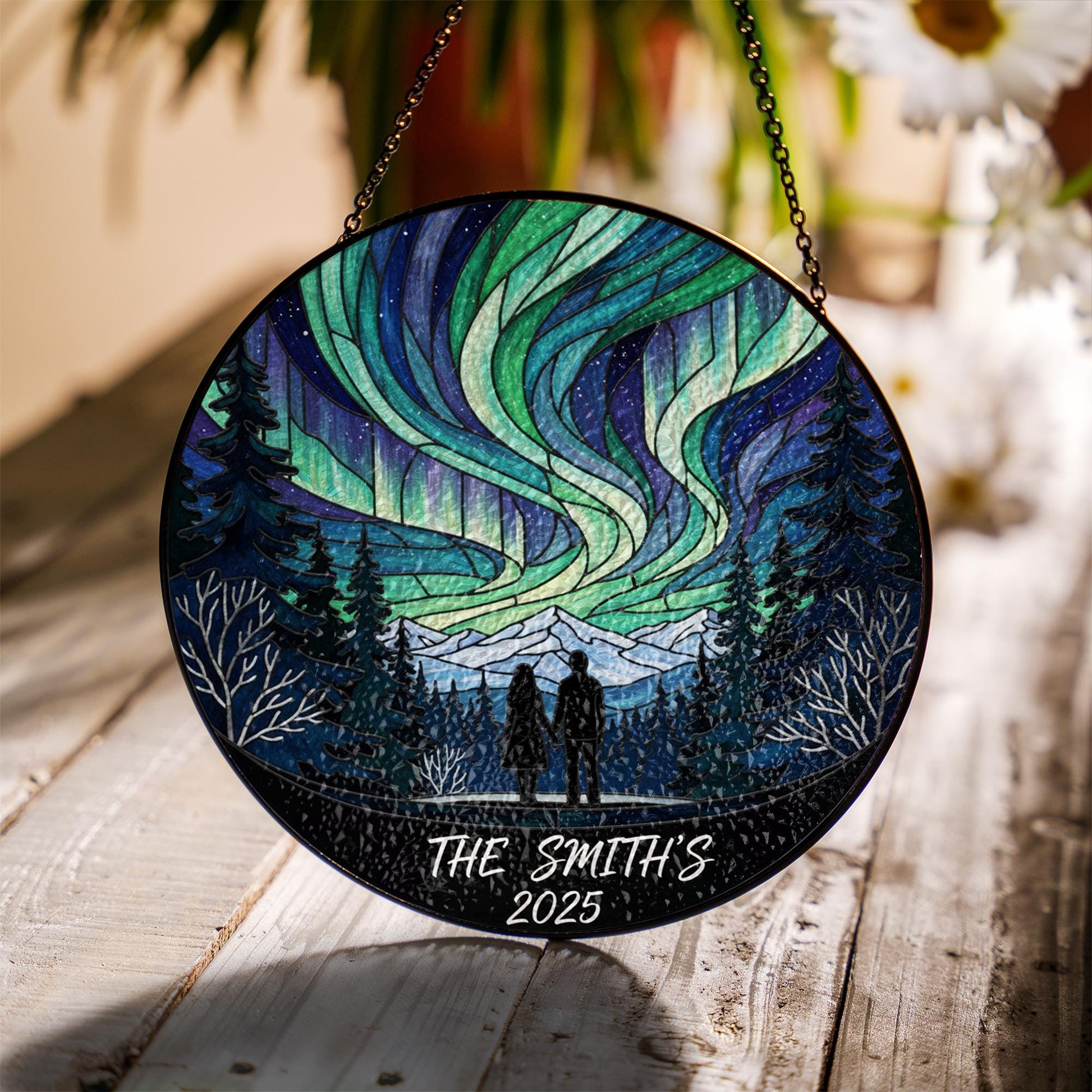 Personalized Glass Suncatcher – Northern Lights Design with Couple Silhouette, Trees, and Mountains
