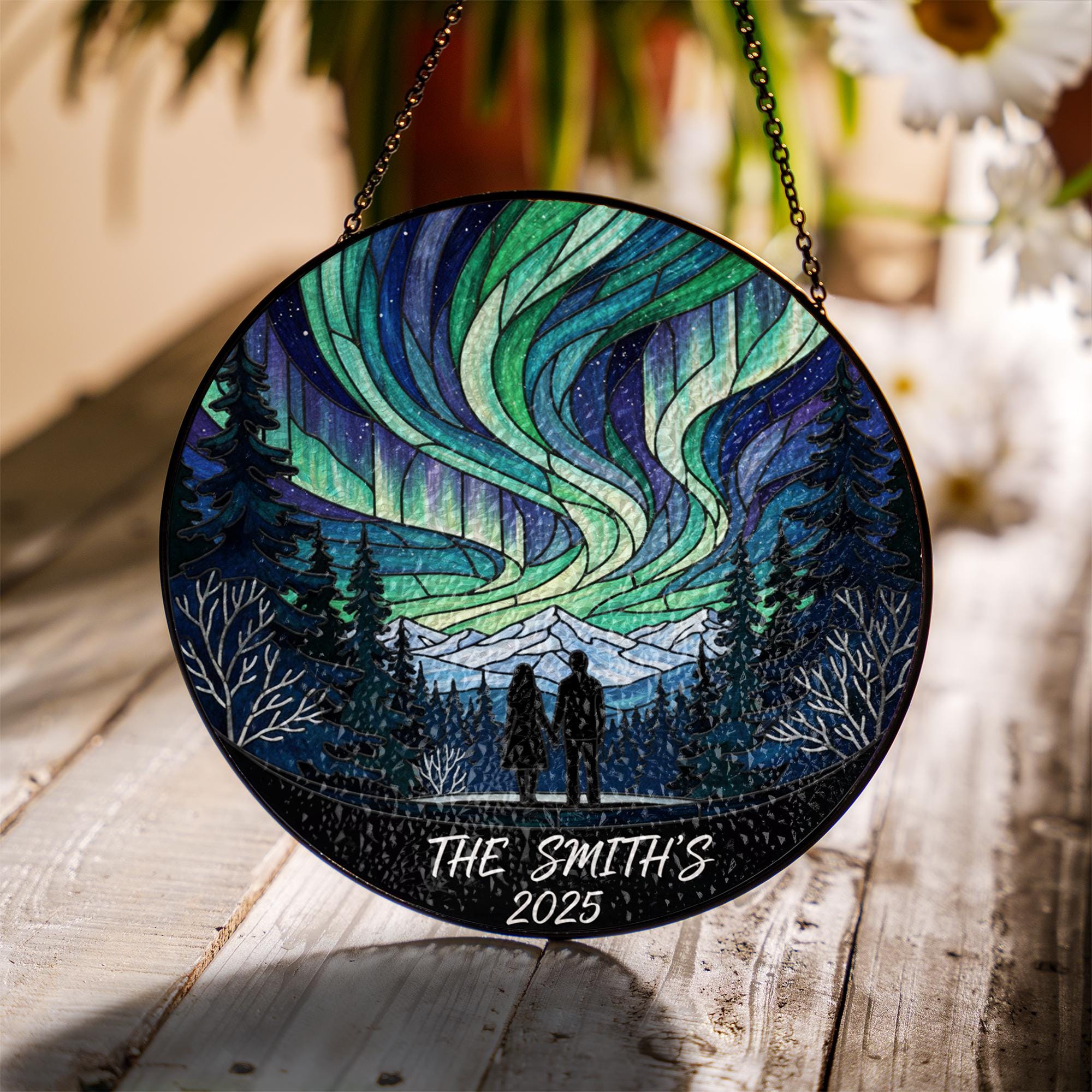 Personalized Glass Suncatcher – Northern Lights Design with Couple Silhouette, Trees, and Mountains