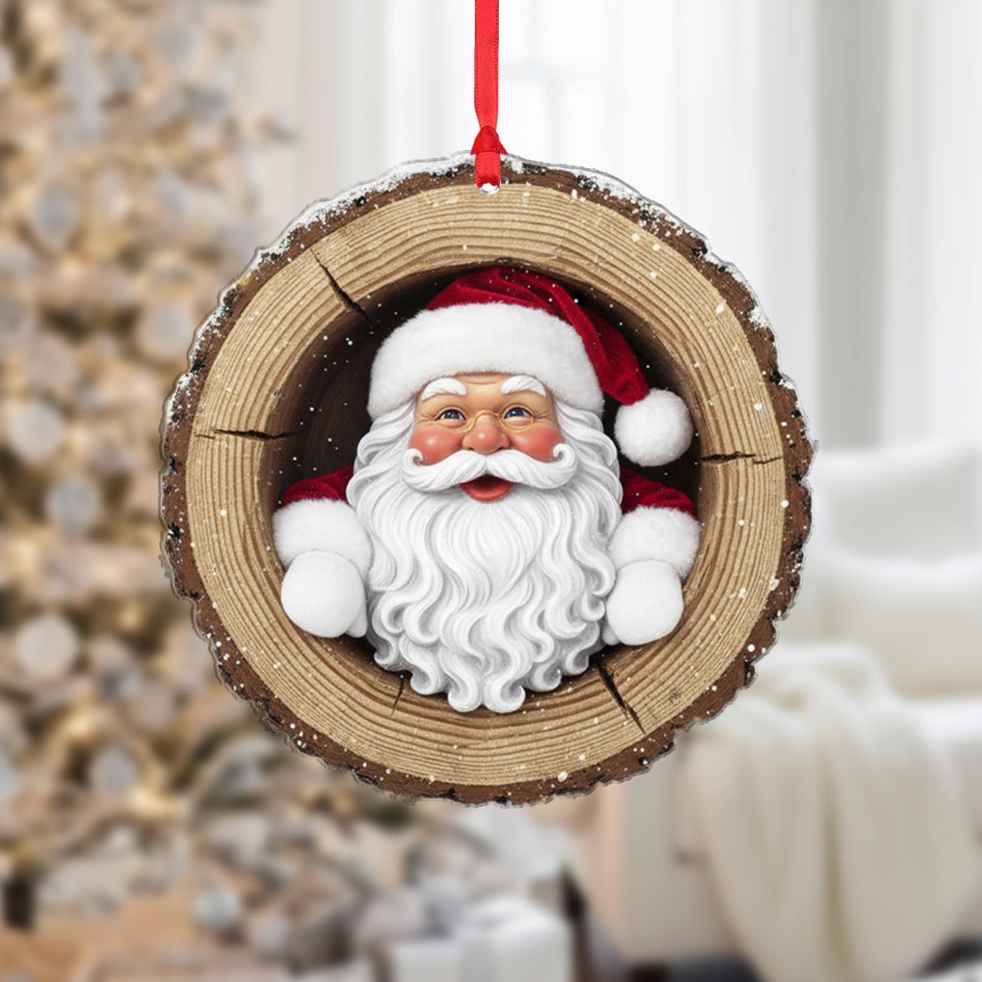 Rustic Santa Claus Christmas Ornament: Wood Slice Holiday Tree Decoration