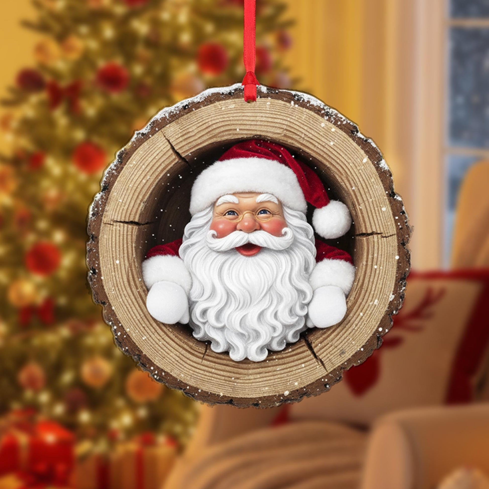 Rustic Santa Claus Christmas Ornament: Wood Slice Holiday Tree Decoration