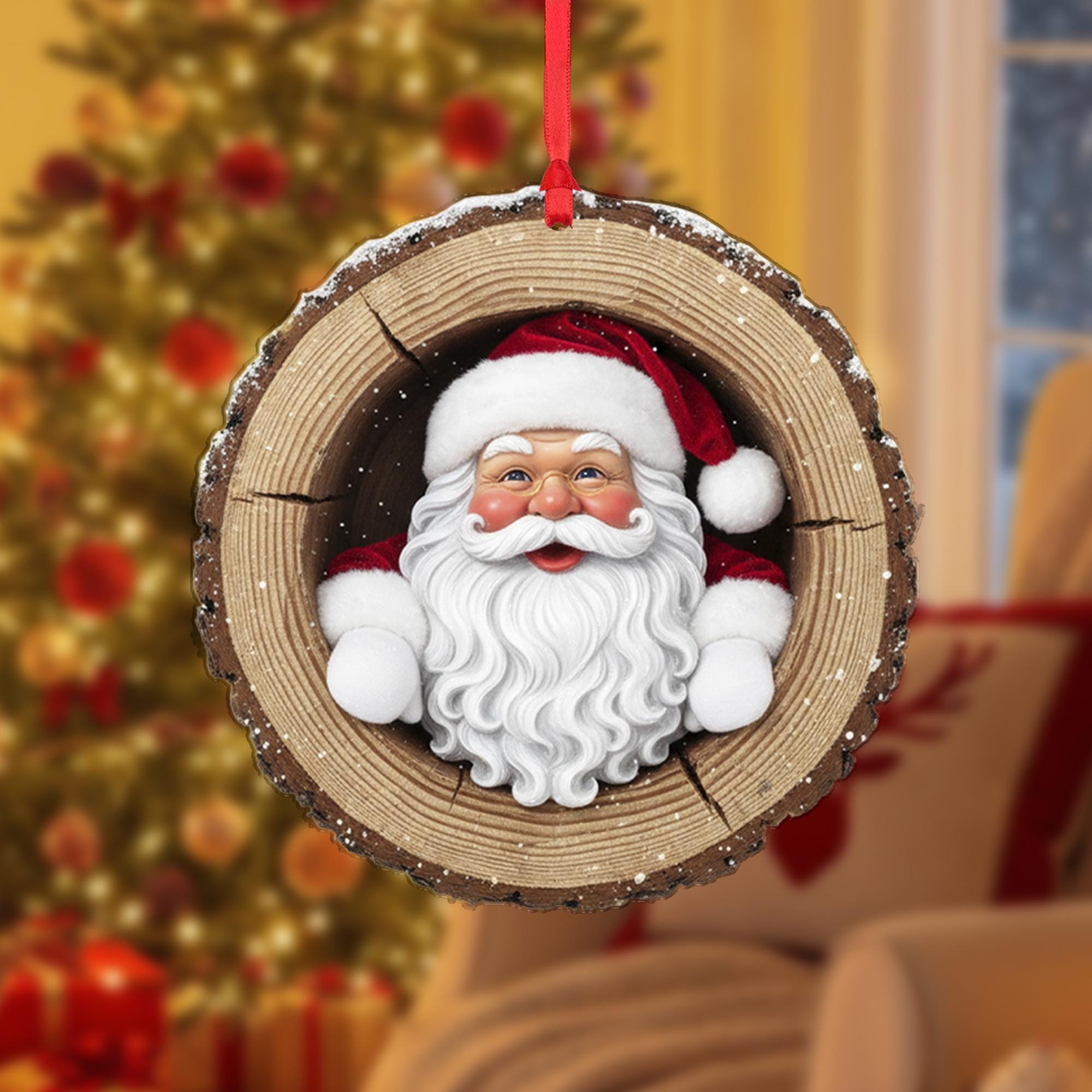 Rustic Santa Claus Christmas Ornament: Wood Slice Holiday Tree Decoration