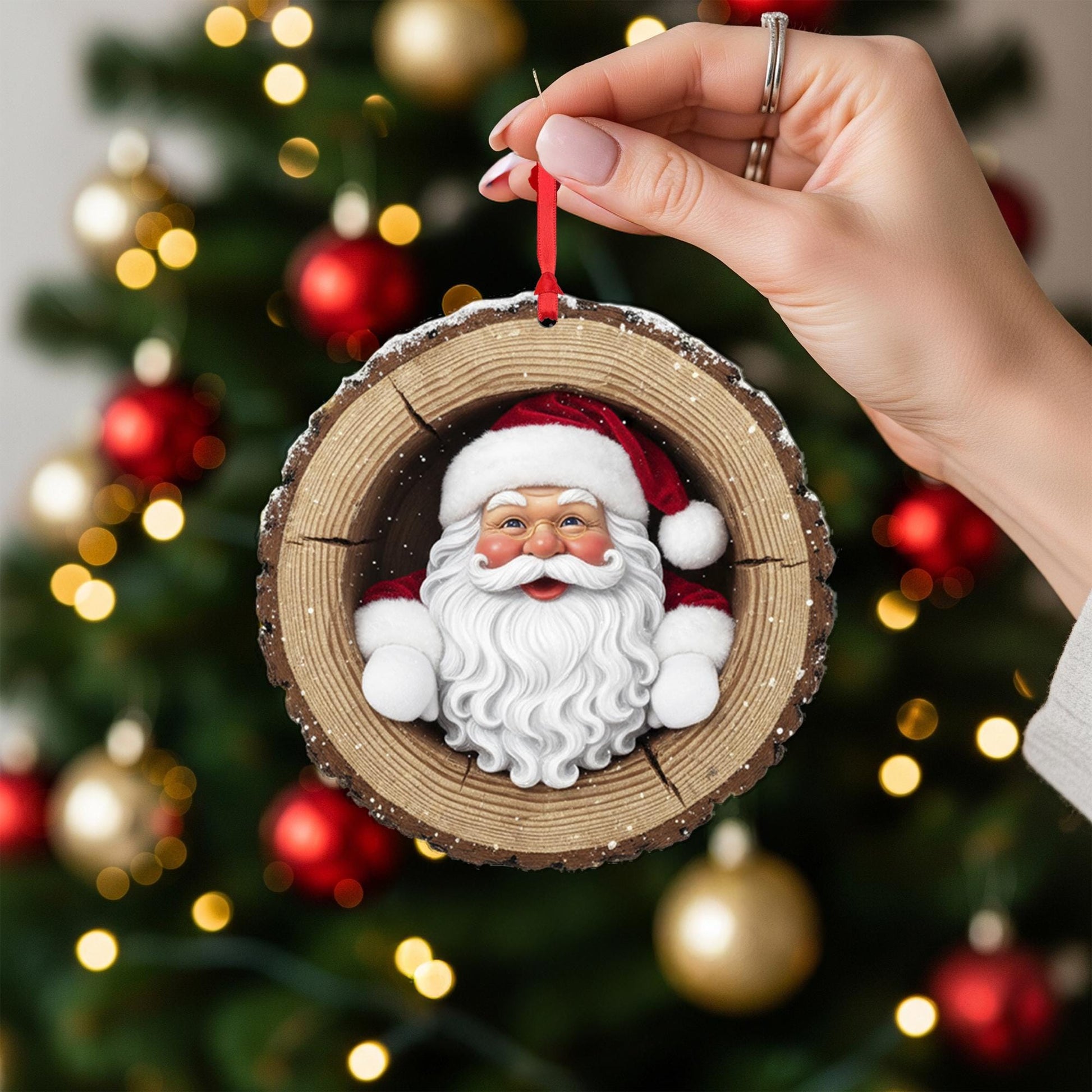 Rustic Santa Claus Christmas Ornament: Wood Slice Holiday Tree Decoration