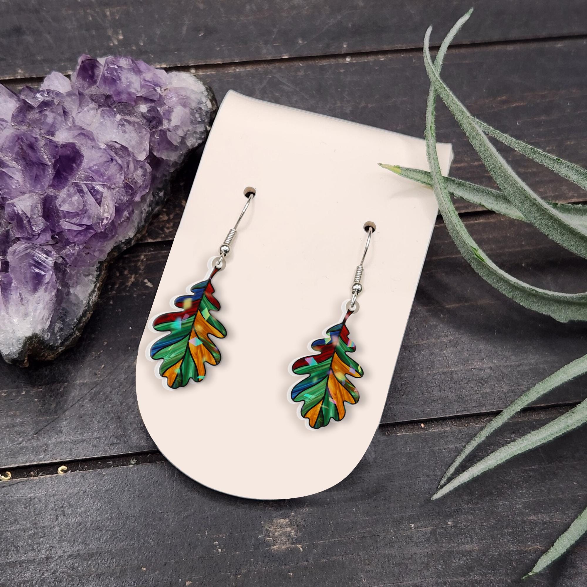 Leaf Earrings – Colorful Dangle Design with Oak Shape and Stained Glass Look