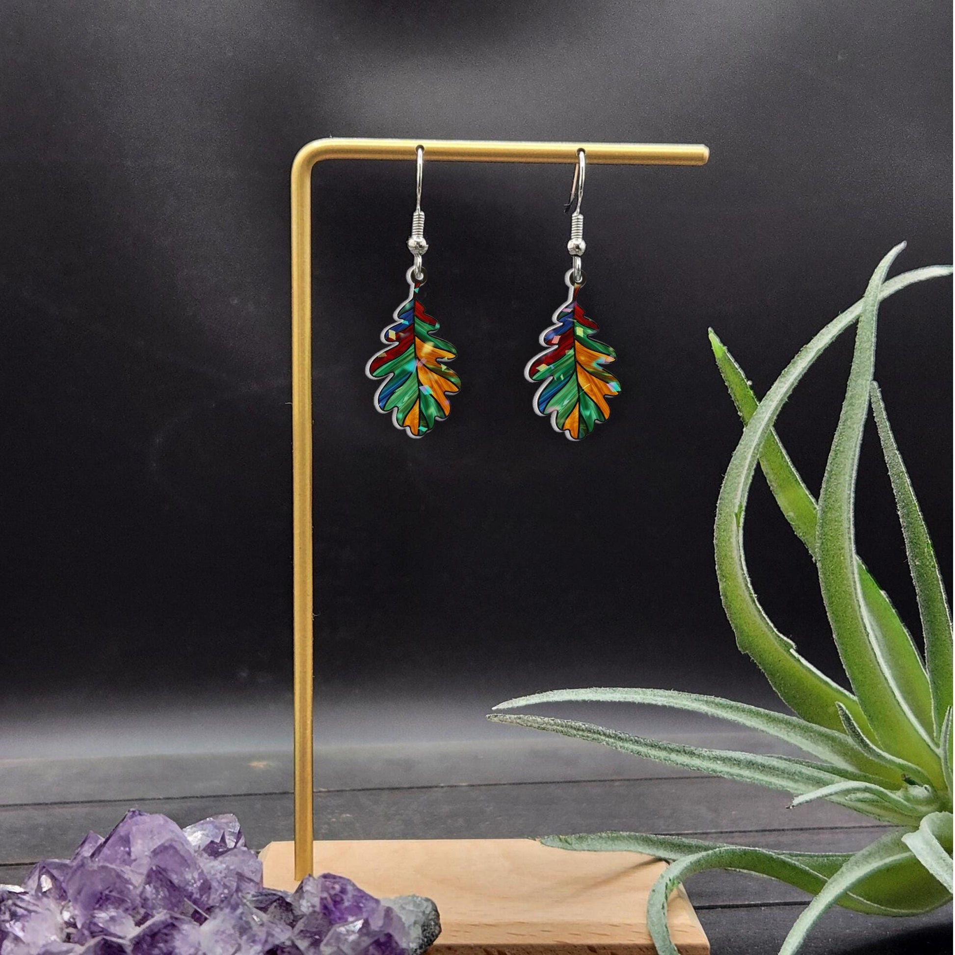 Leaf Earrings – Colorful Dangle Design with Oak Shape and Stained Glass Look