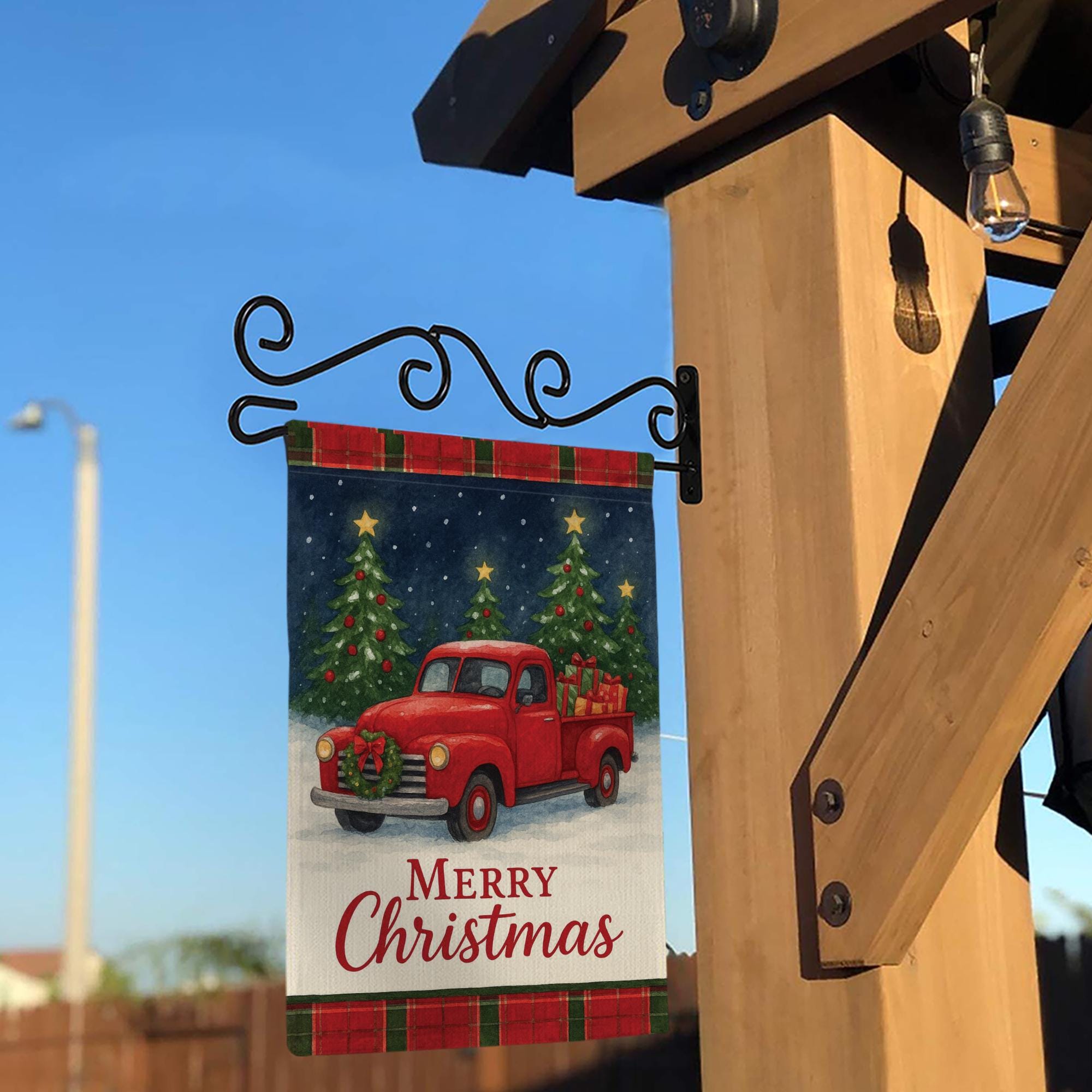 Buffalo Plaid Santa Truck Garden Flag: Rustic Christmas Yard Decor