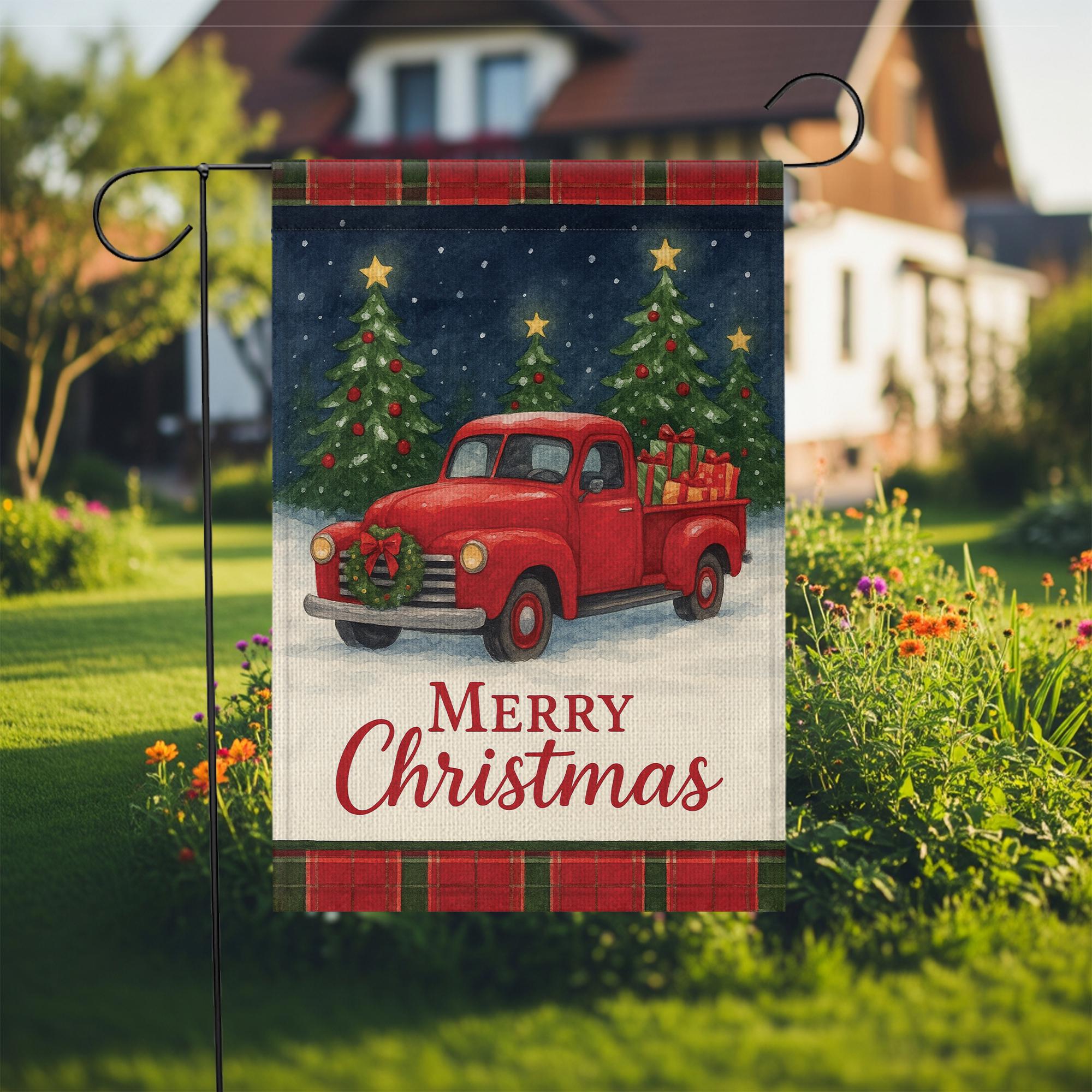 Buffalo Plaid Santa Truck Garden Flag: Rustic Christmas Yard Decor