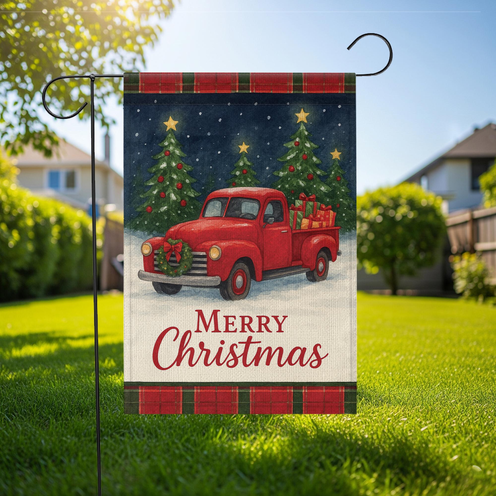 Buffalo Plaid Santa Truck Garden Flag: Rustic Christmas Yard Decor