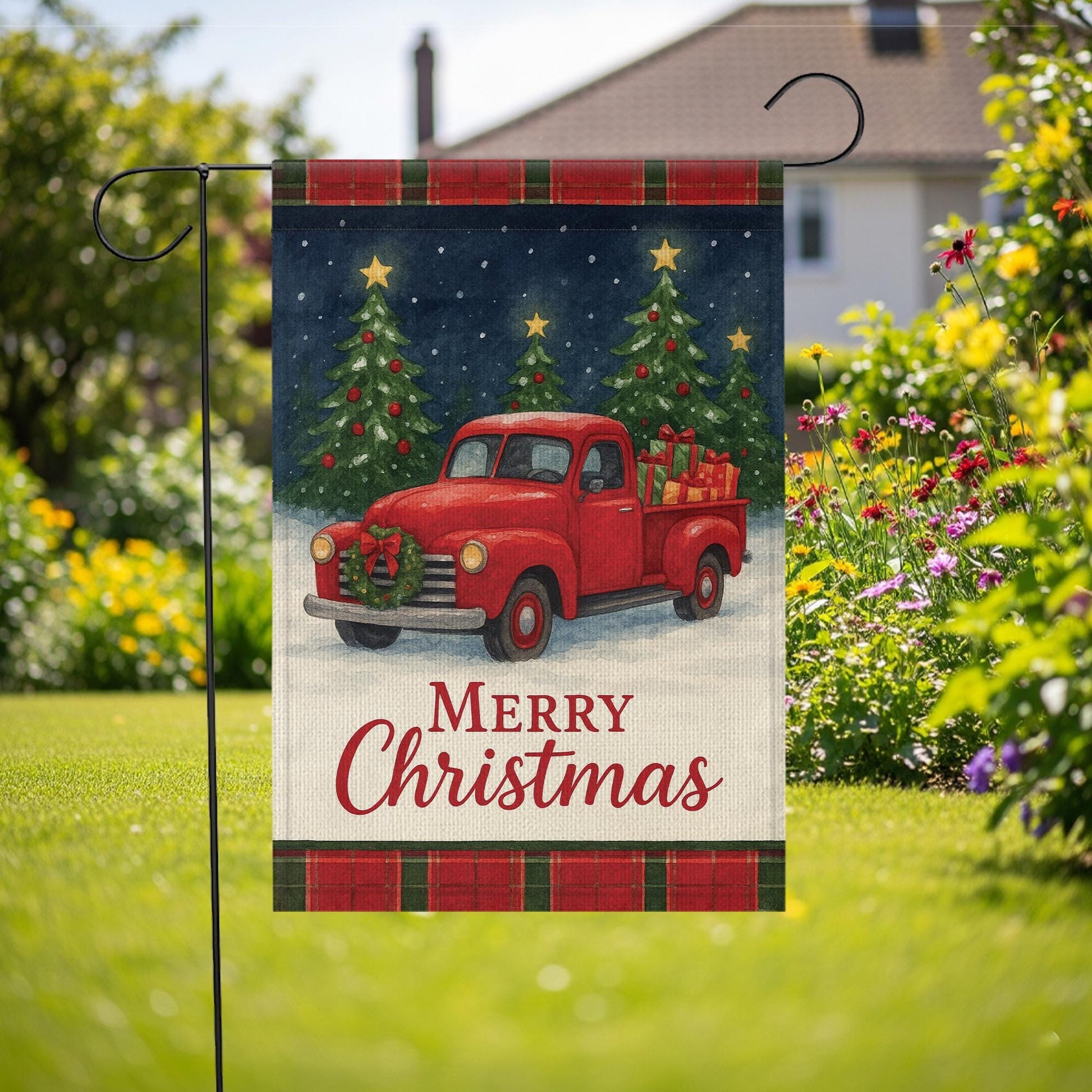 Buffalo Plaid Santa Truck Garden Flag: Rustic Christmas Yard Decor