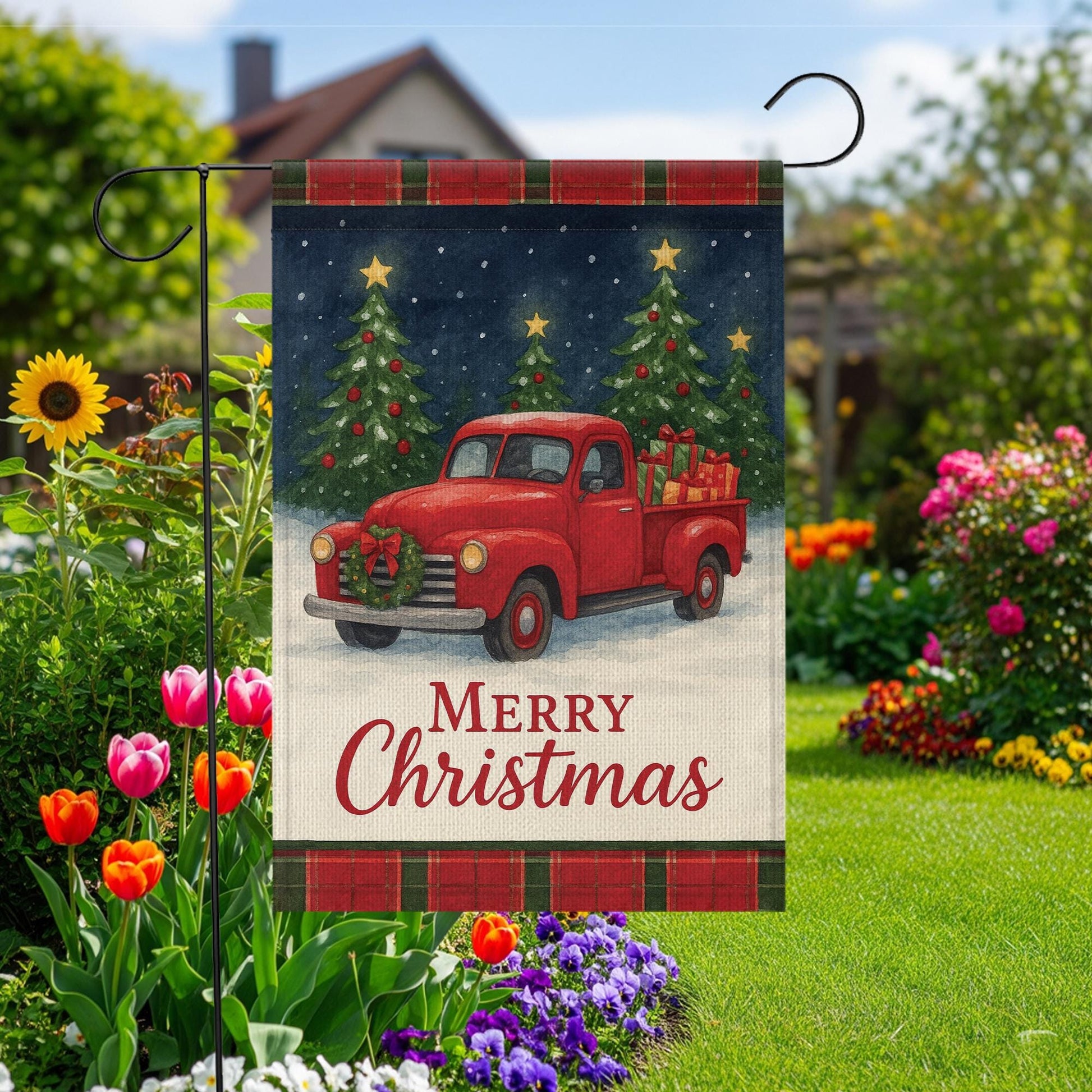 Buffalo Plaid Santa Truck Garden Flag: Rustic Christmas Yard Decor