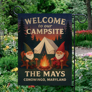 Welcome to Our Campsite Flag: Personalized Camping Garden Flag with Gnomes