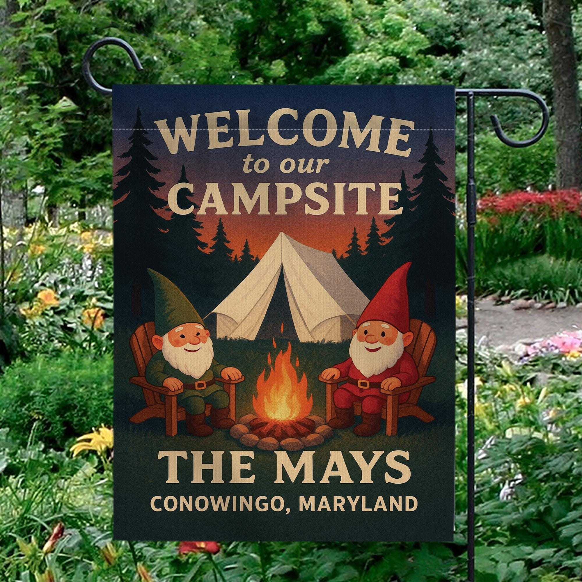 Welcome to Our Campsite Flag: Personalized Camping Garden Flag with Gnomes