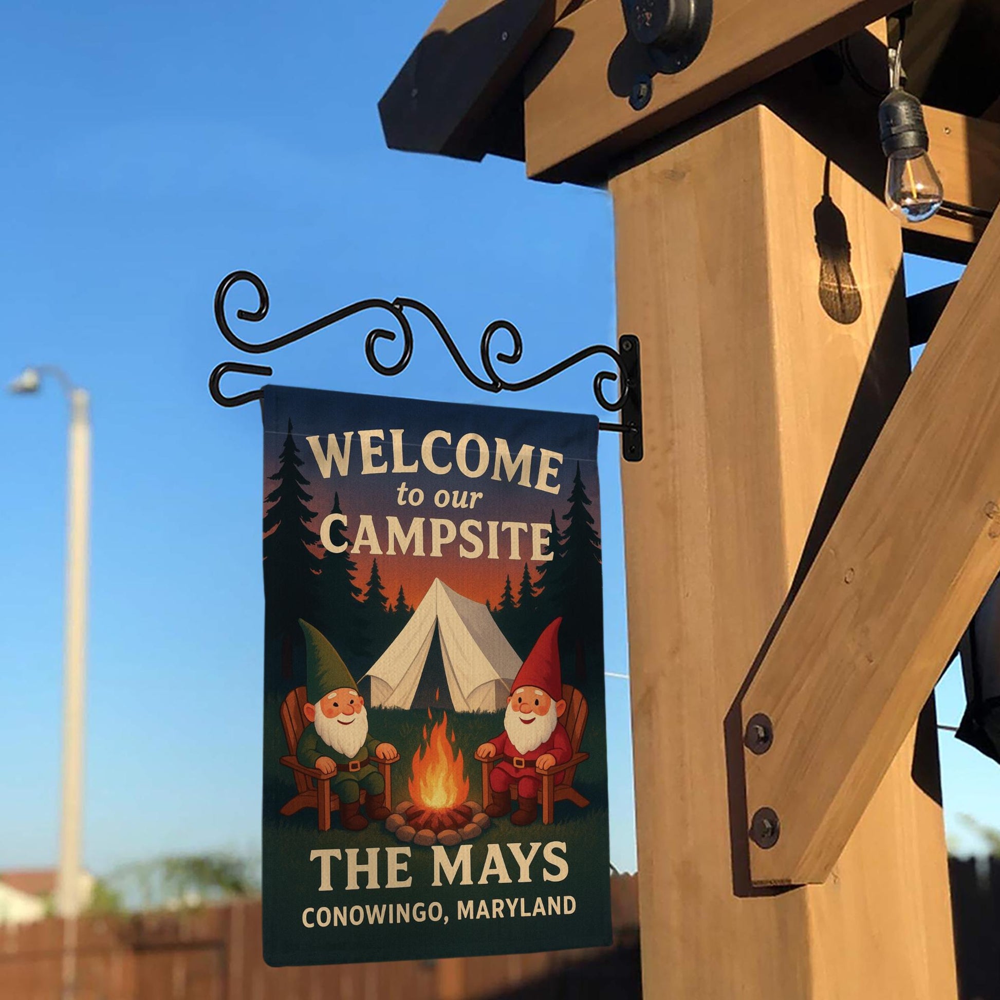 Welcome to Our Campsite Flag: Personalized Camping Garden Flag with Gnomes