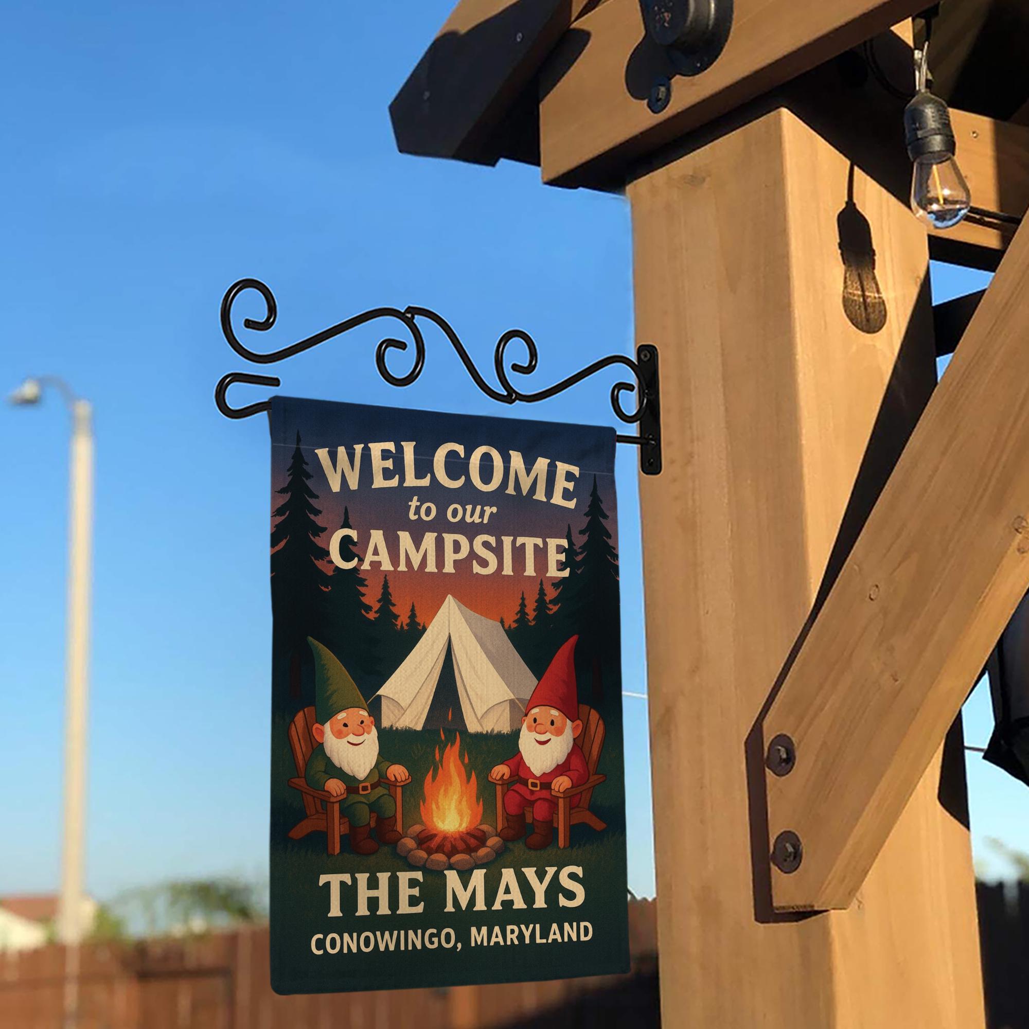 Welcome to Our Campsite Flag: Personalized Camping Garden Flag with Gnomes