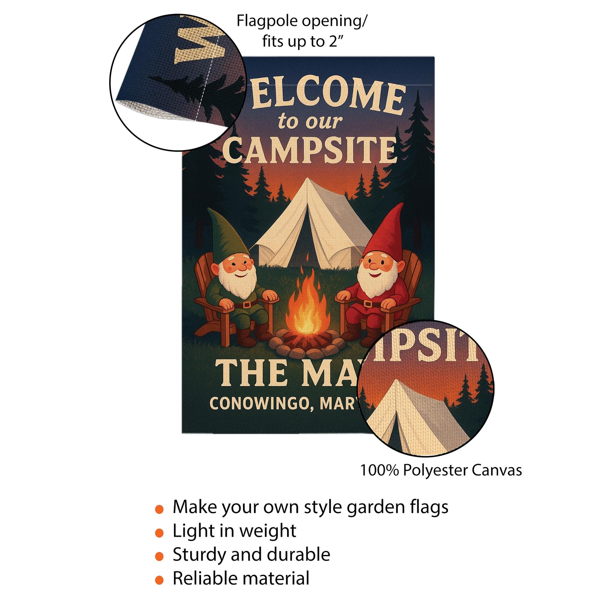 Welcome to Our Campsite Flag: Personalized Camping Garden Flag with Gnomes