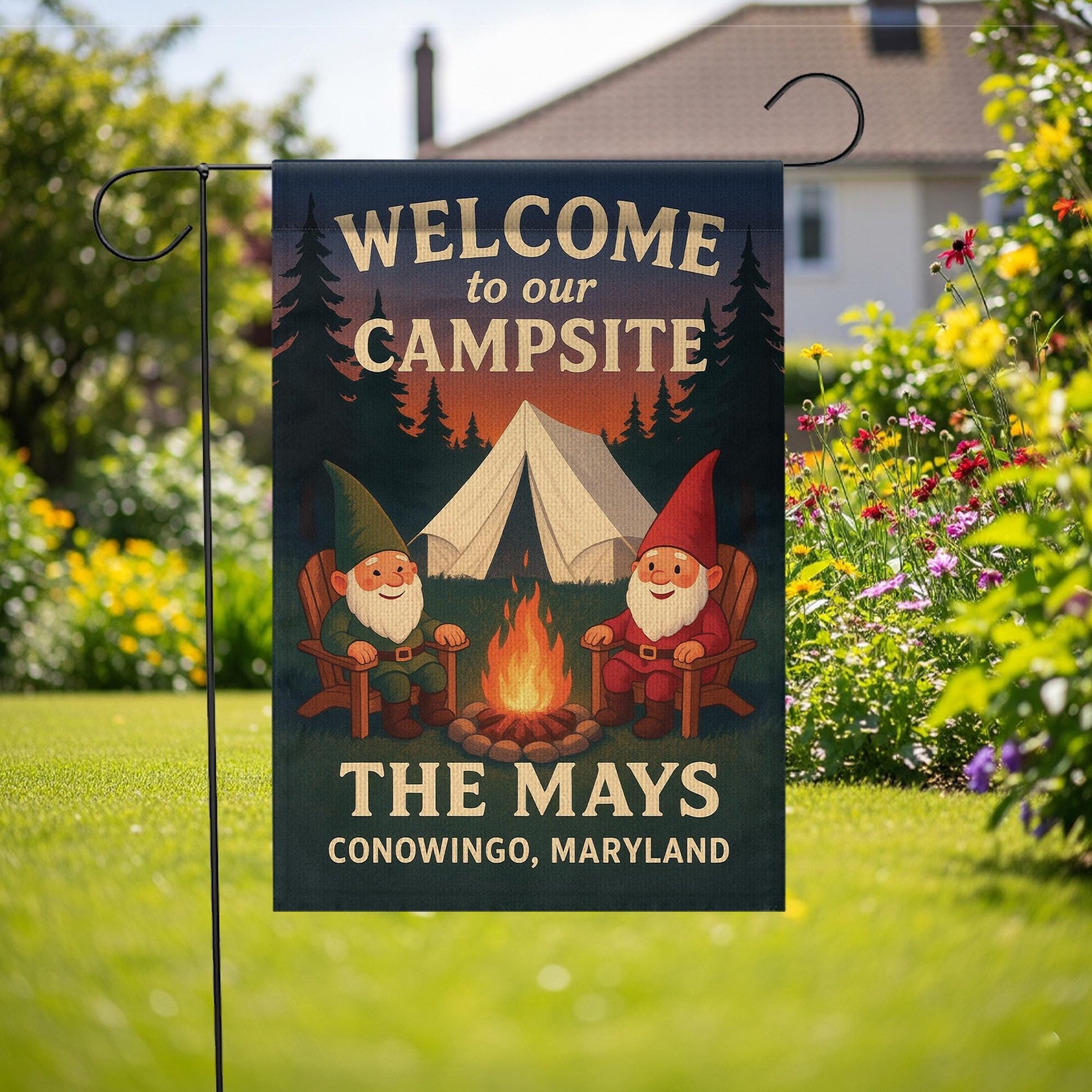 Welcome to Our Campsite Flag: Personalized Camping Garden Flag with Gnomes