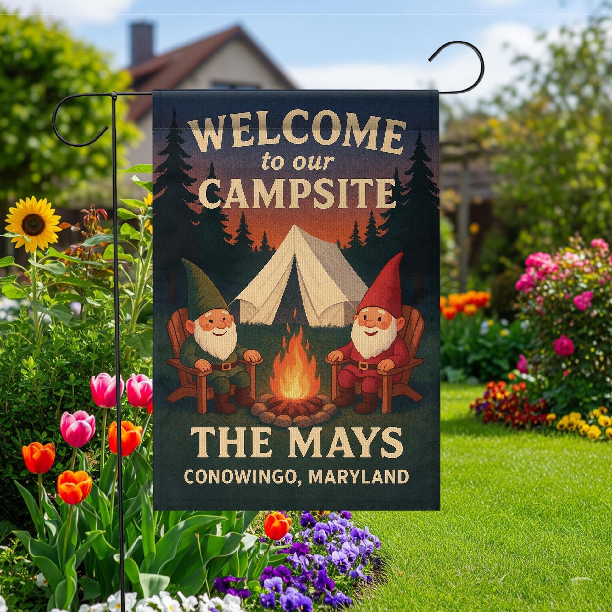 Welcome to Our Campsite Flag: Personalized Camping Garden Flag with Gnomes