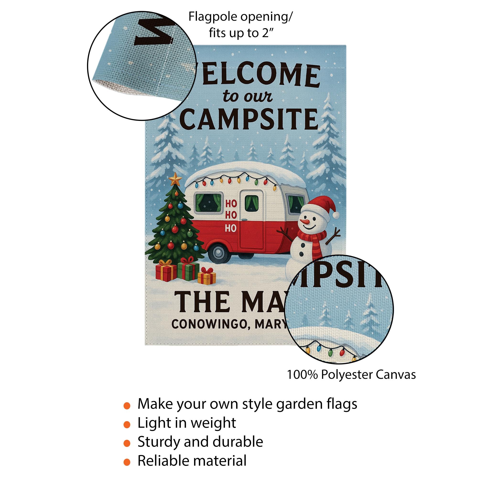 Welcome to Our Campsite Christmas Flag: Personalized Holiday Camper Garden Flag